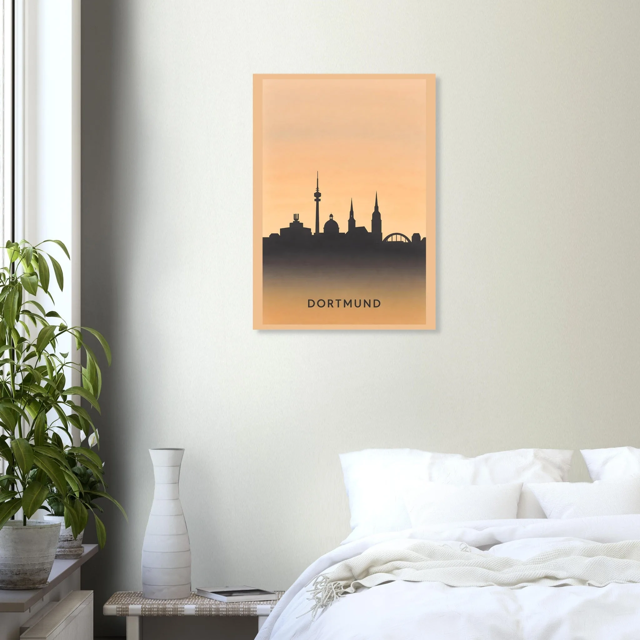 Silhouette skyline poster of Dortmund — warm minimalist design, from €19