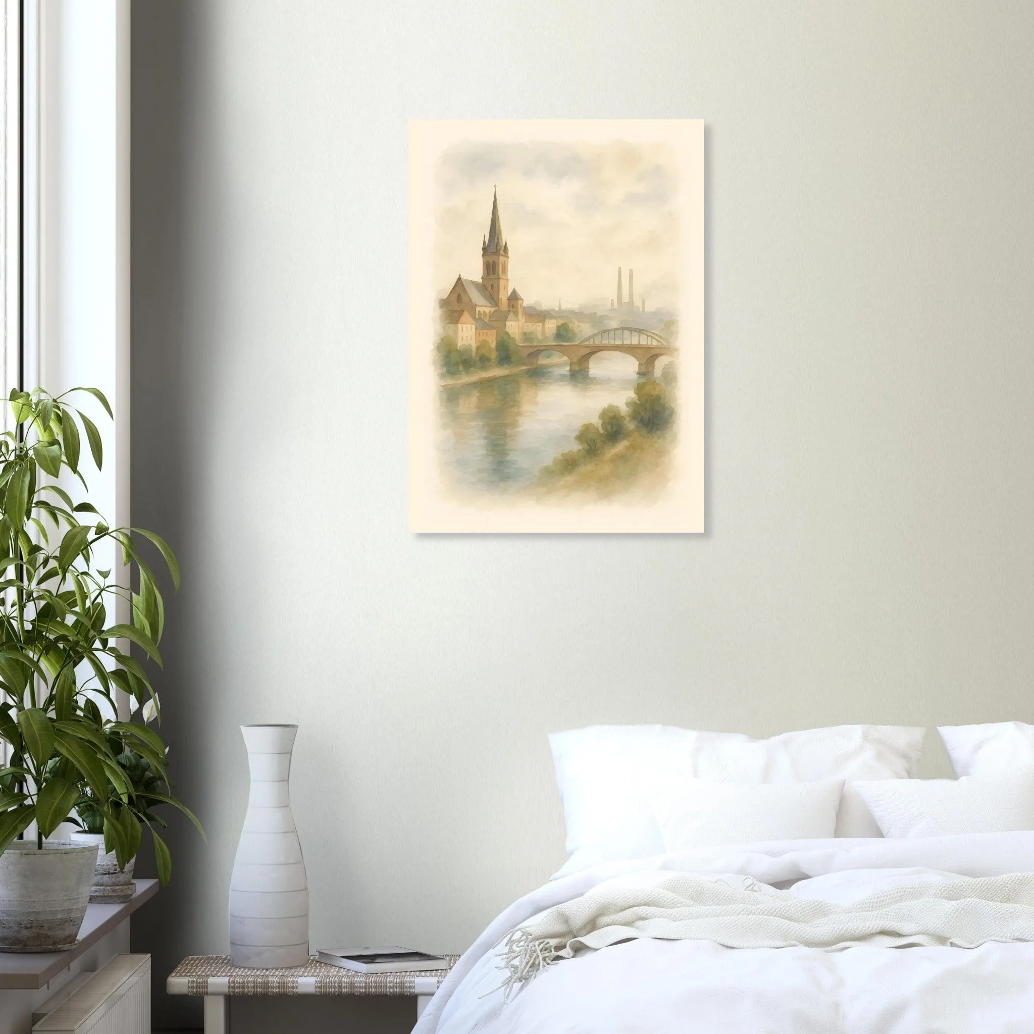 Watercolour landscape poster of Duisburg — warm minimalist design, from €19