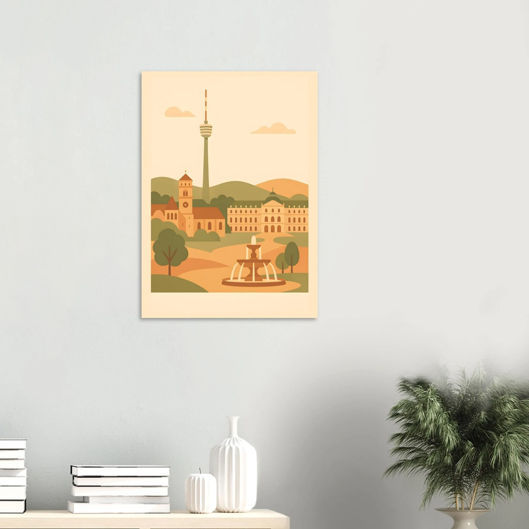 Flat vector illustration-Poster von Stuttgart — warmes minimalistisches Motiv, ab 19 €