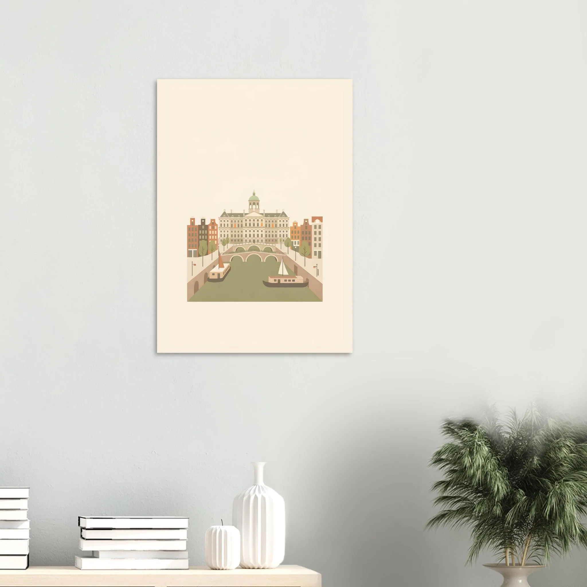 Flat vector illustration poster of Amsterdam — warm minimalist design, from €19