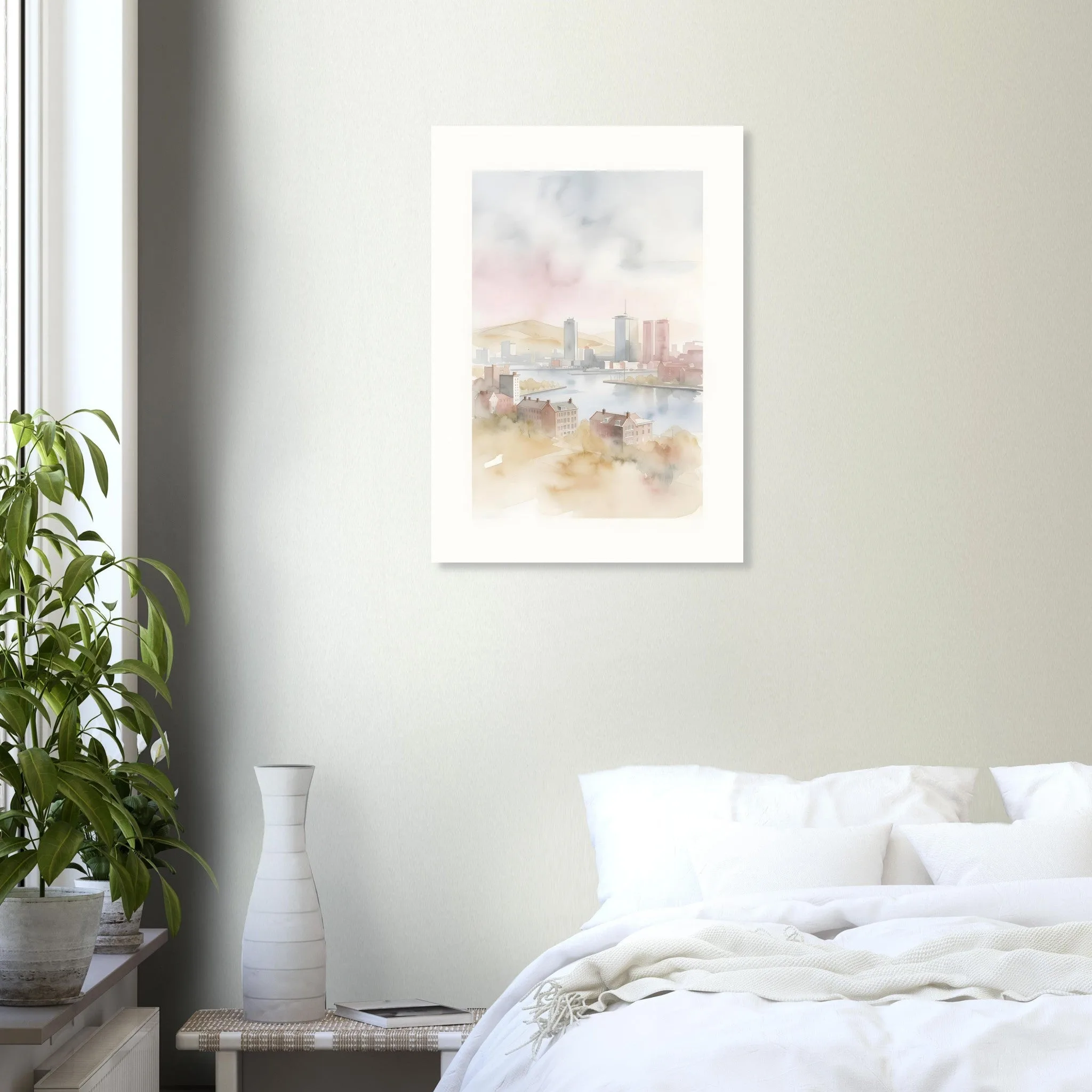 Watercolour landscape poster of Rotterdam — warm minimalist design, from €19