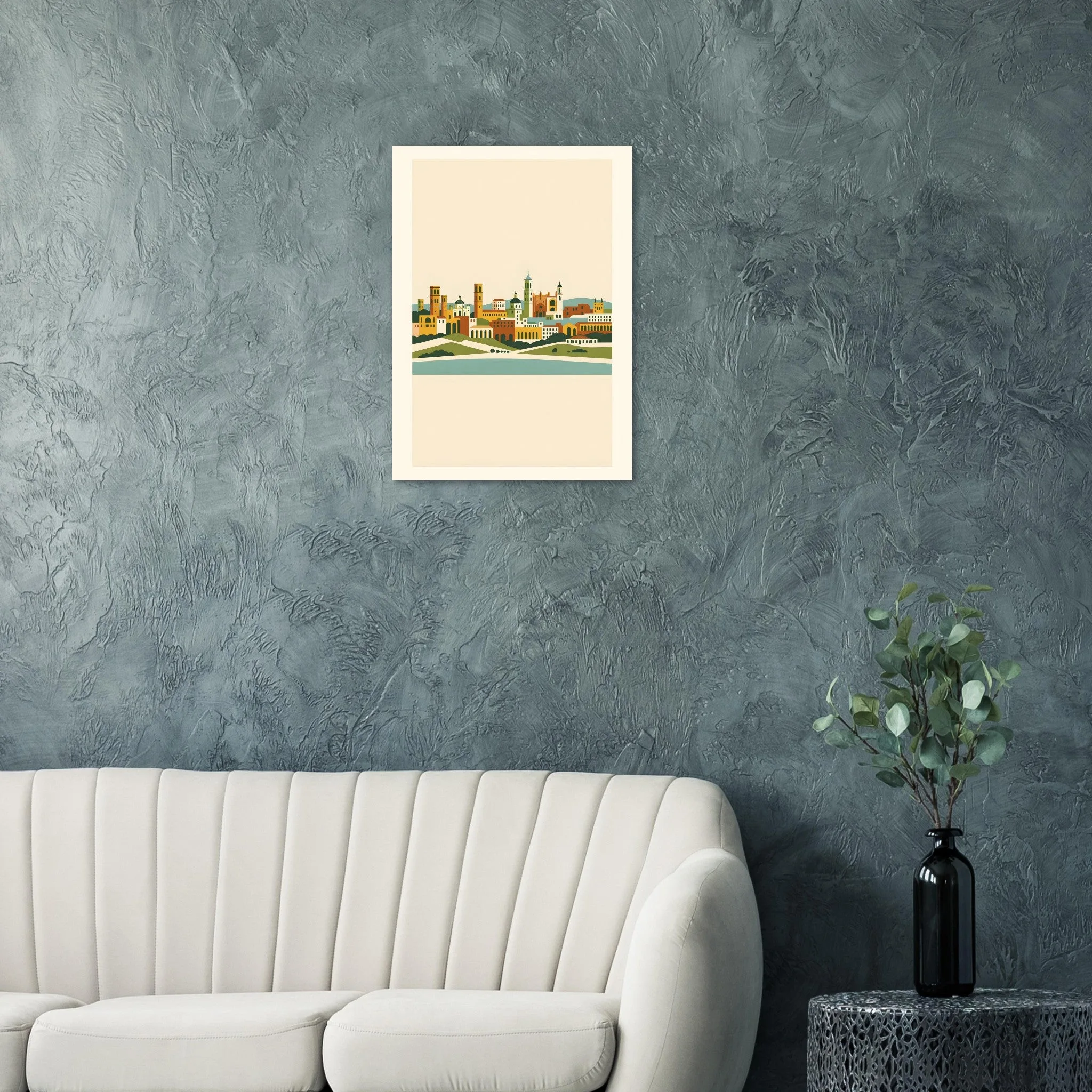 Mid-century modern poster of Valencia — warm minimalist design, from €19