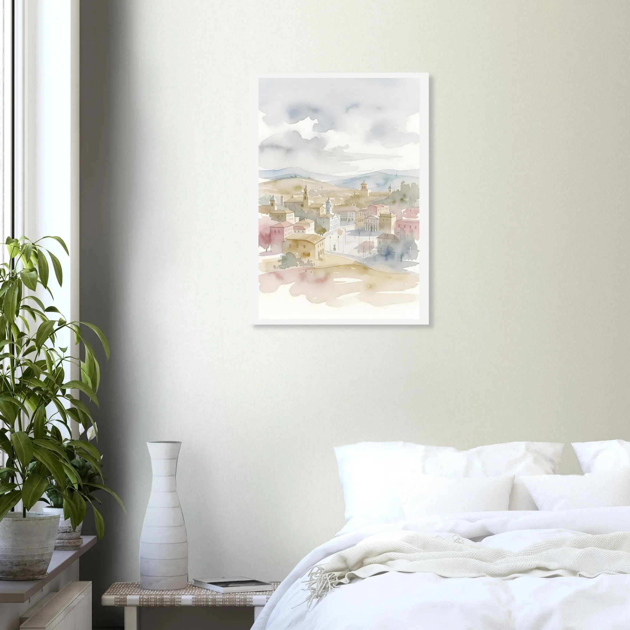Watercolour landscape poster of Móstoles — warm minimalist design, from €19