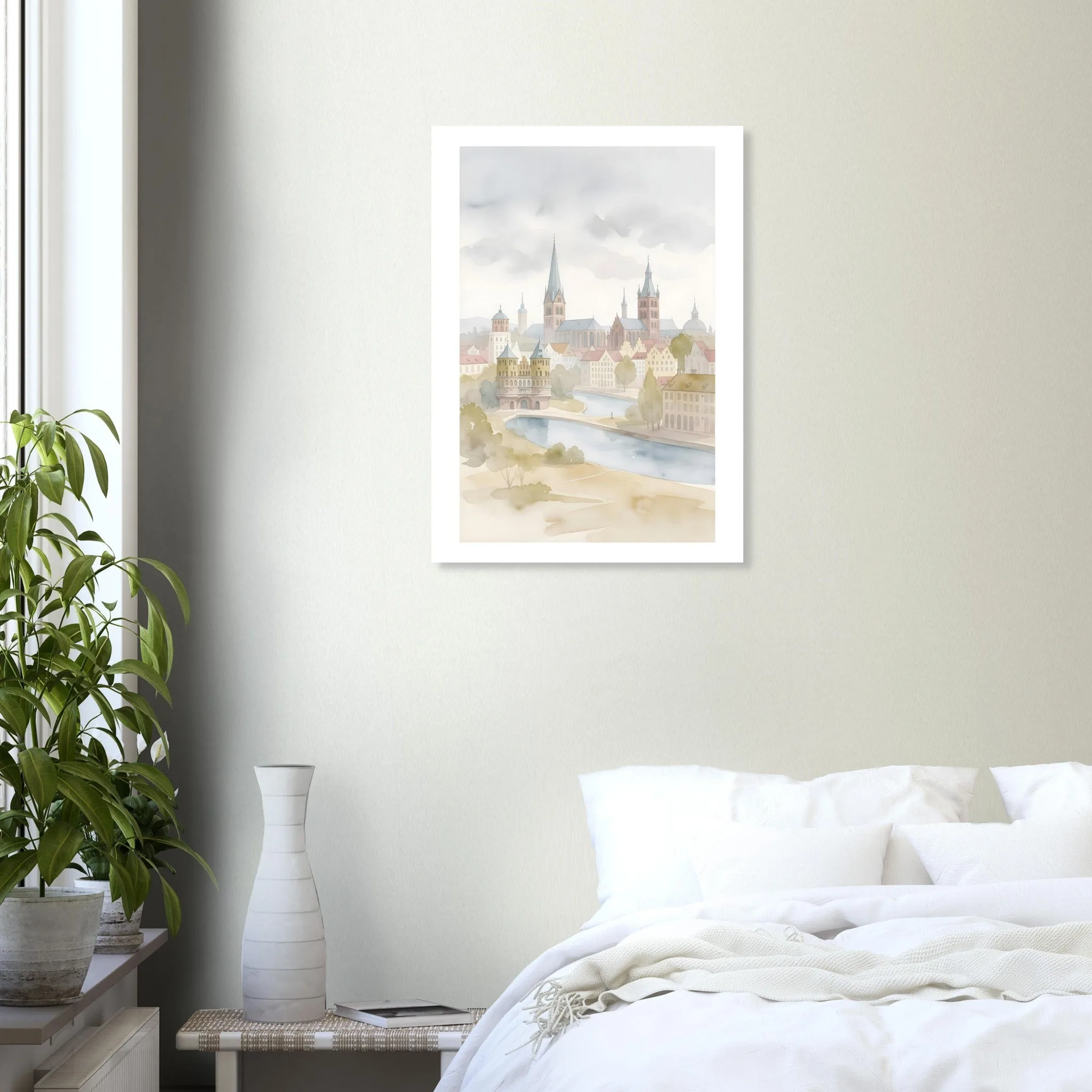 Watercolour landscape poster of Lübeck — warm minimalist design, from €19