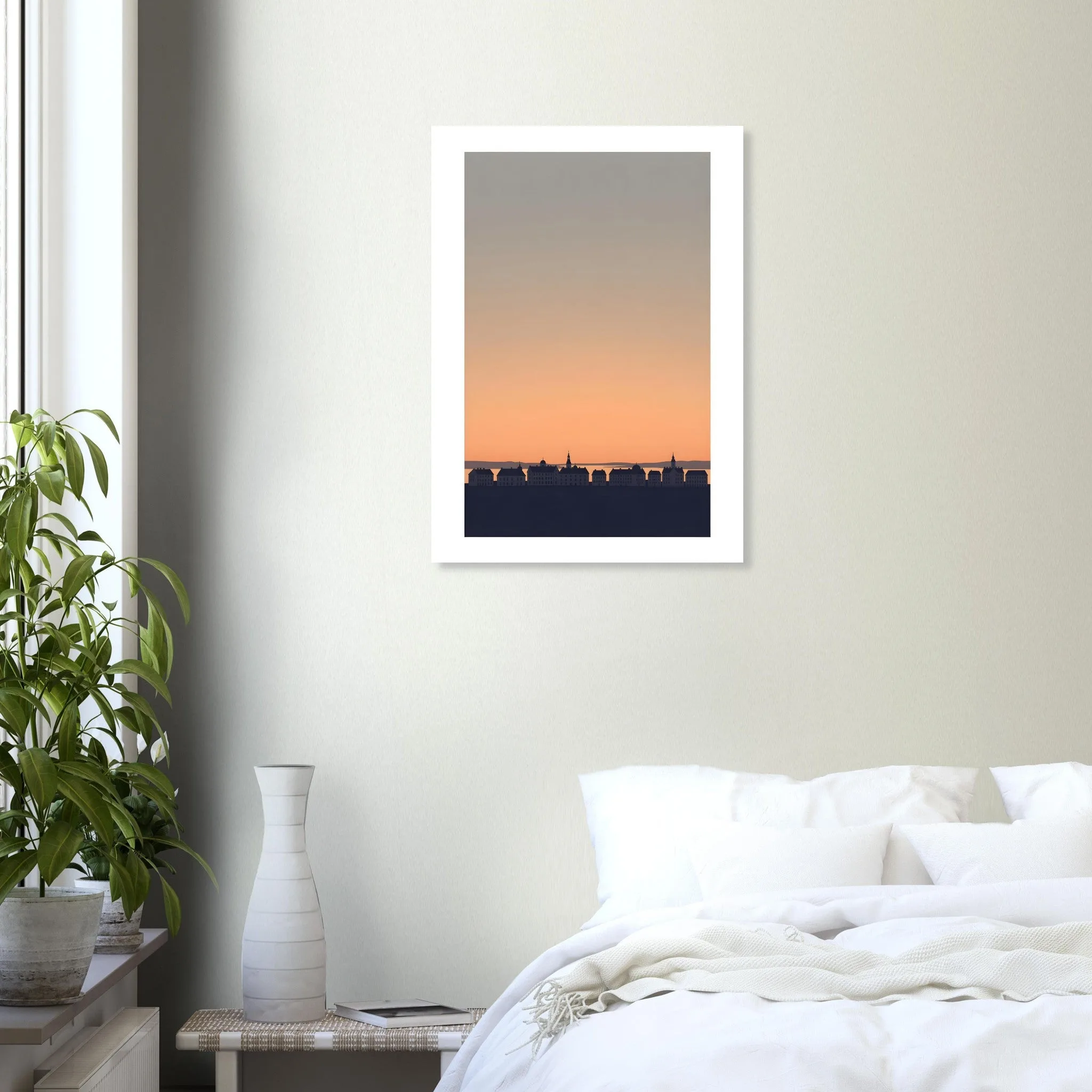 Silhouette skyline poster of Malmö — warm minimalist design, from €19