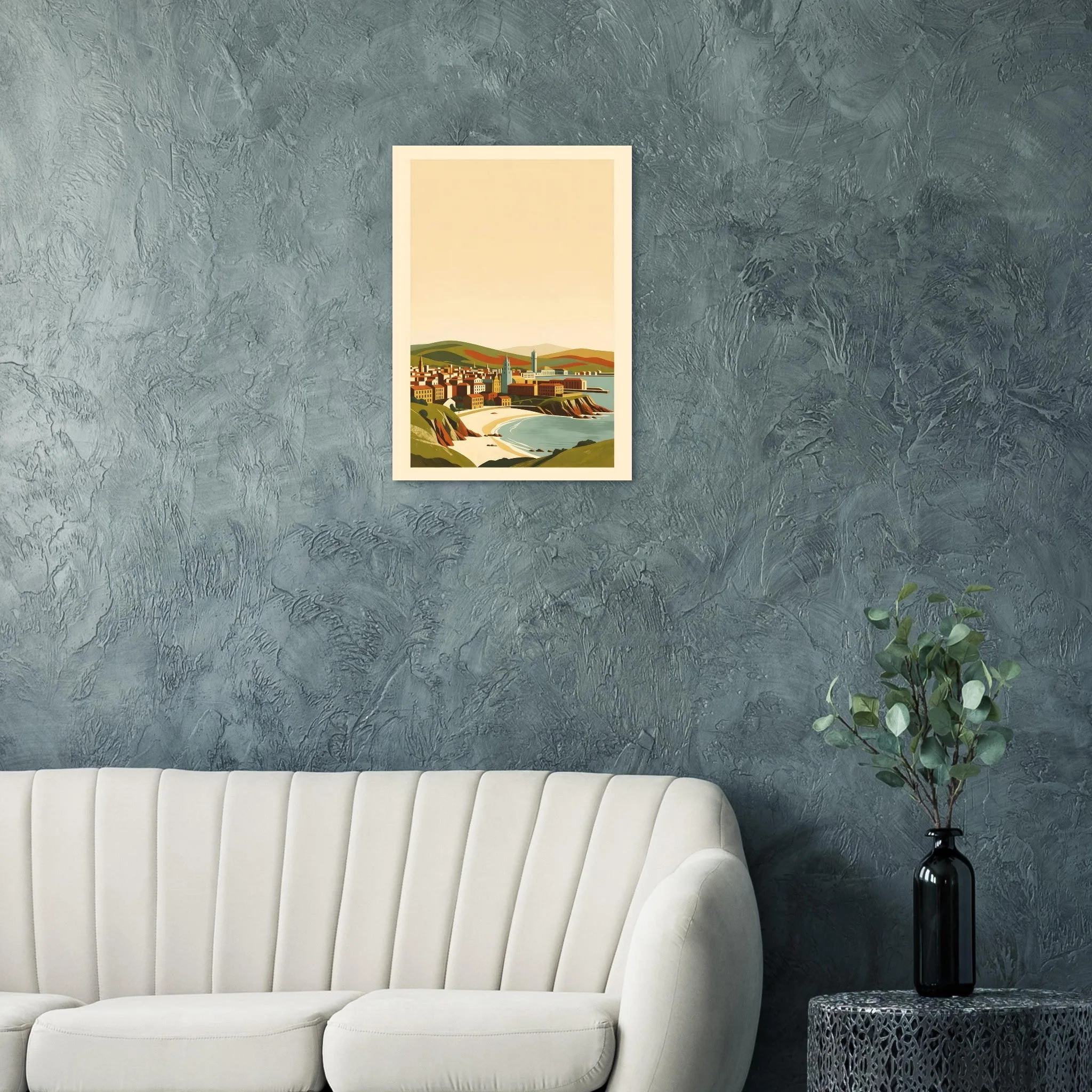 Mid-century modern poster of Gijón — warm minimalist design, from €19
