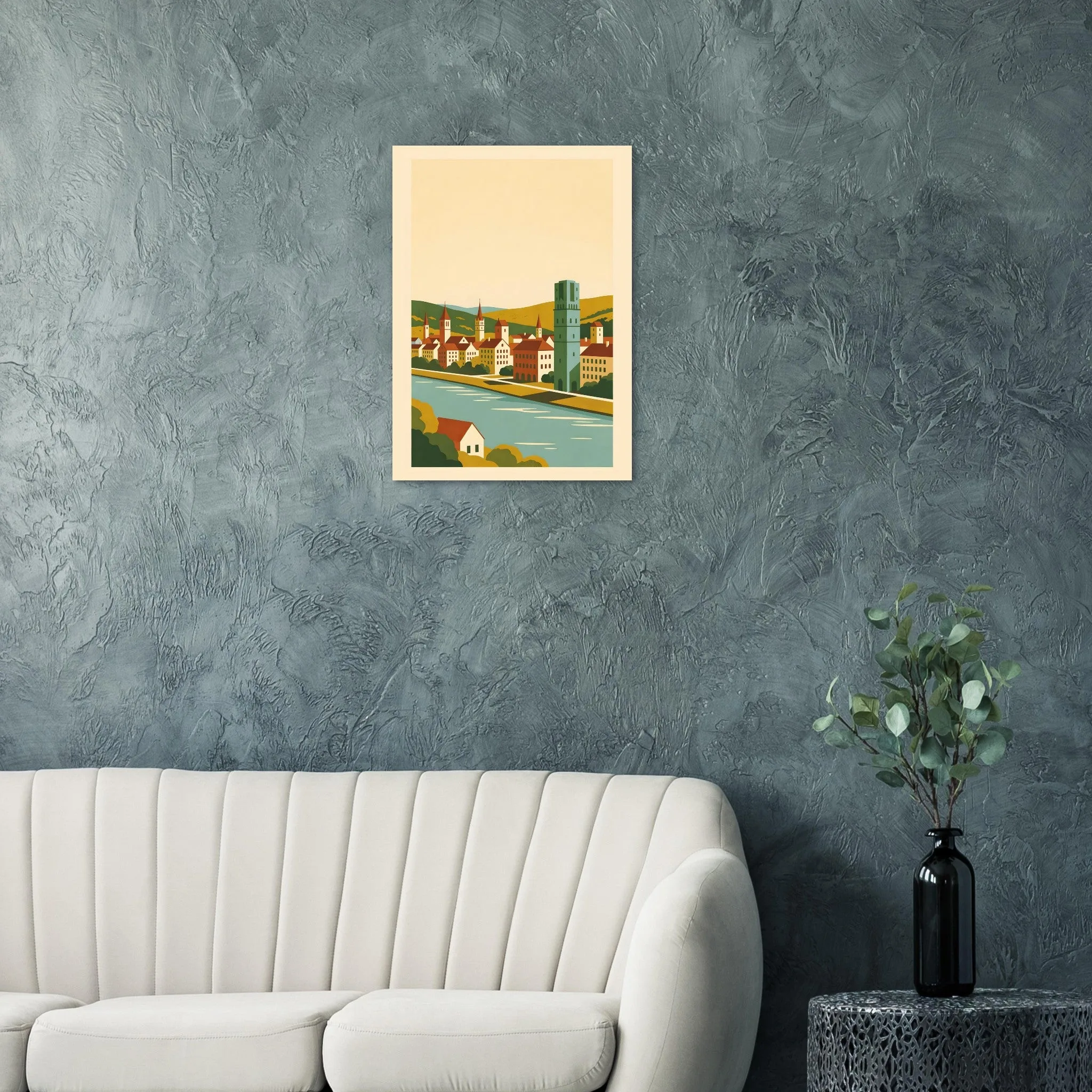 Mid-century modern poster of Basel — warm minimalist design, from €19