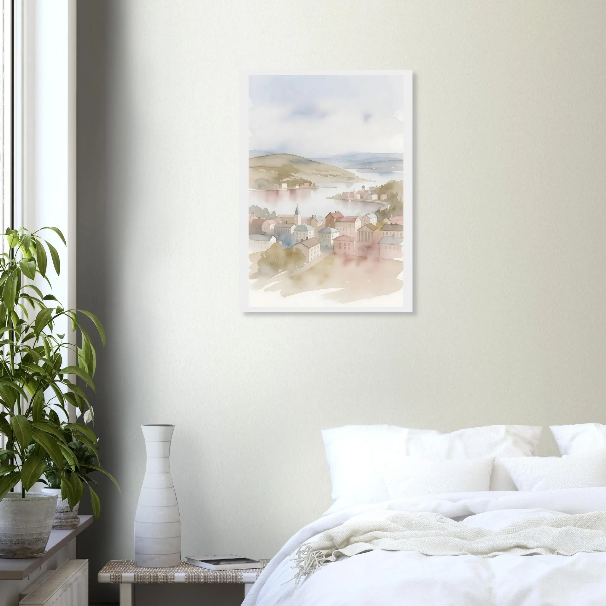 Watercolour landscape poster of Västerås — warm minimalist design, from €19