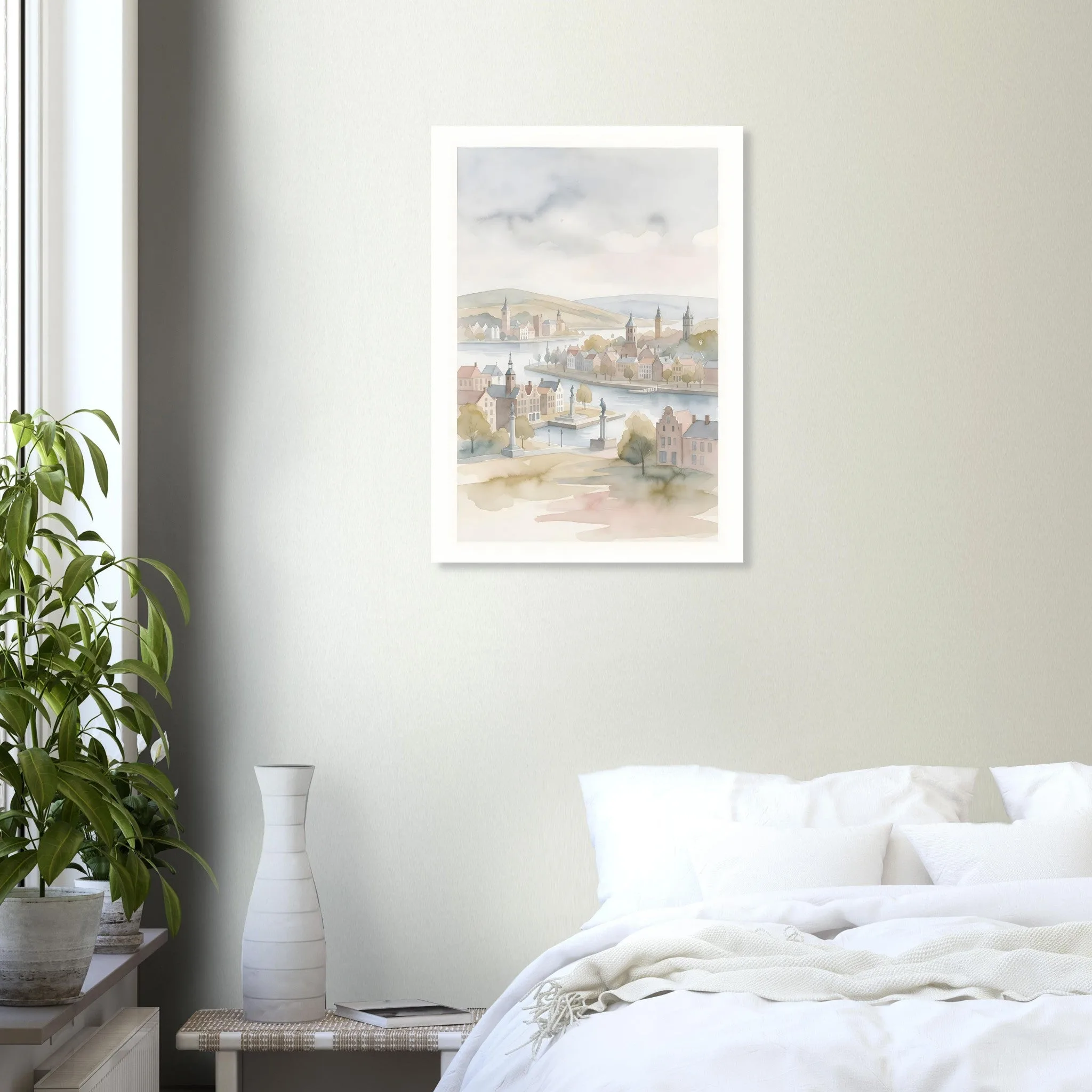 Watercolour landscape poster of Leiden — warm minimalist design, from €19