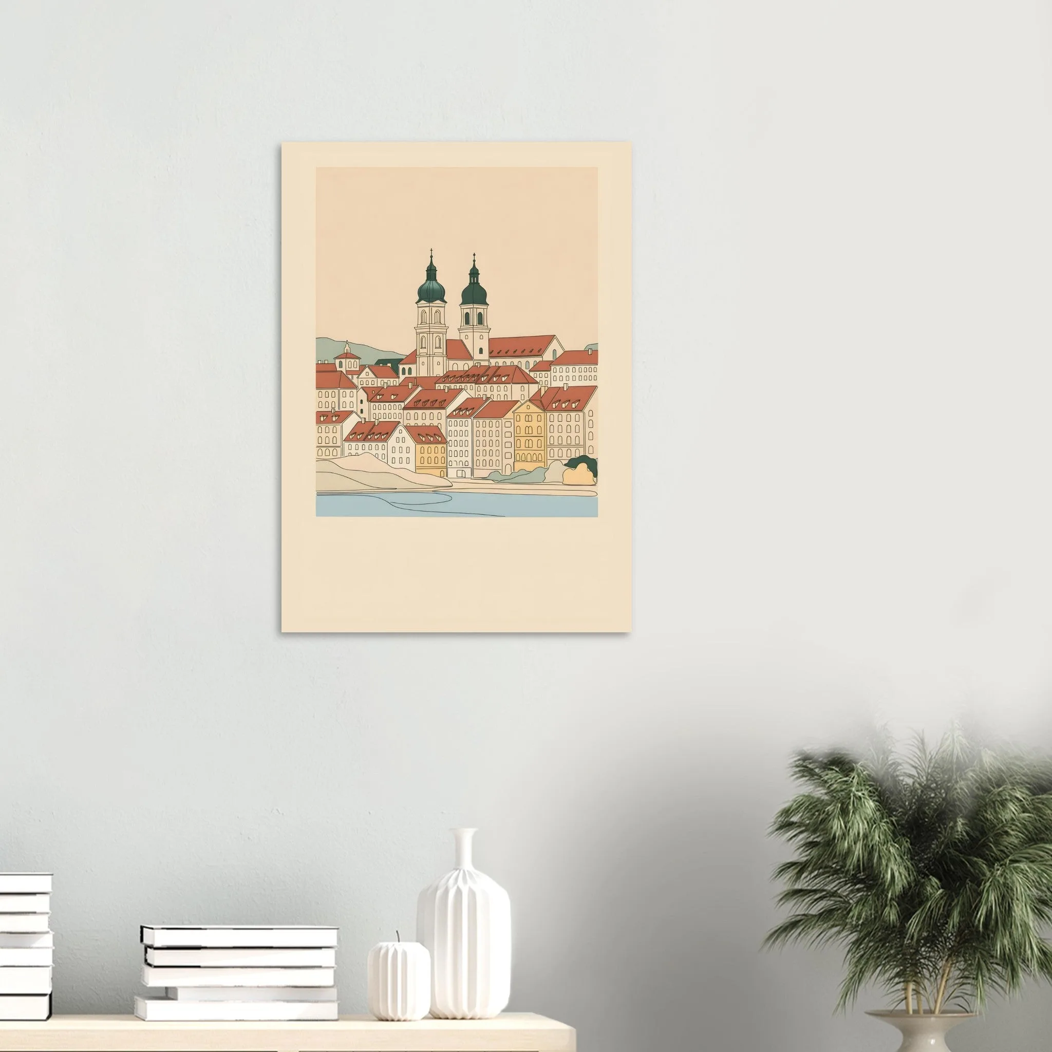 Minimalist line art poster of Klagenfurt am Wörthersee — warm minimalist design, from €19