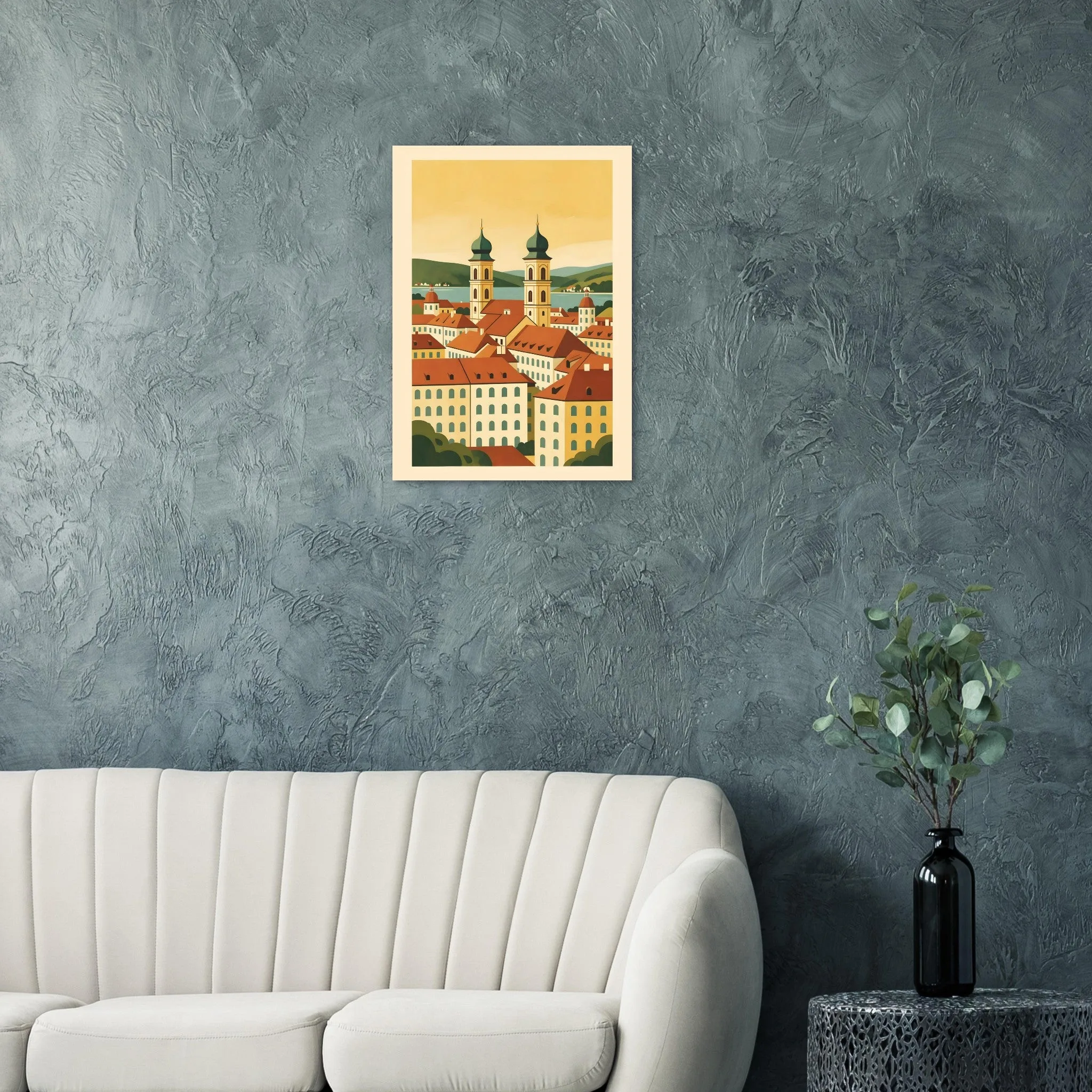 Mid-century modern poster of Klagenfurt am Wörthersee — warm minimalist design, from €19