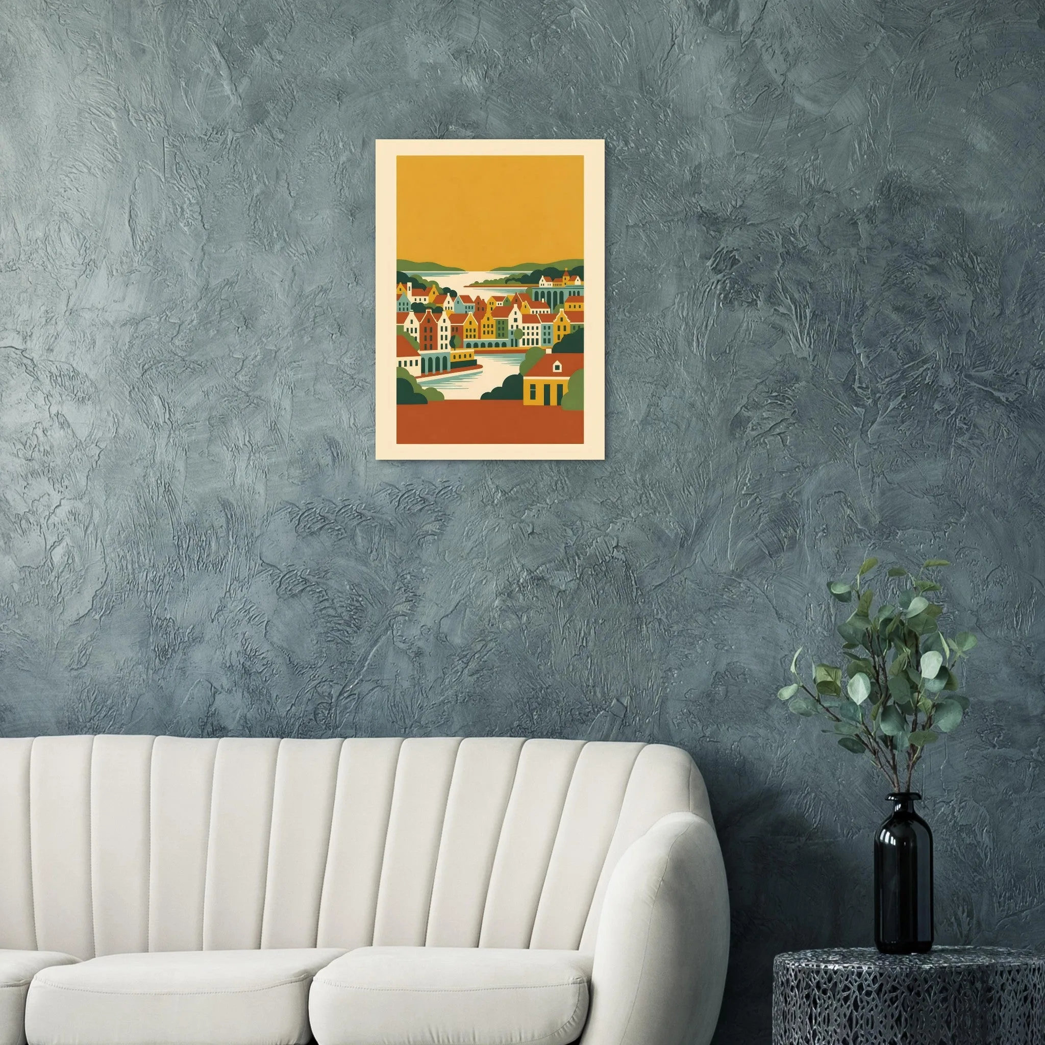 Mid-century modern poster of Dordrecht — warm minimalist design, from €19