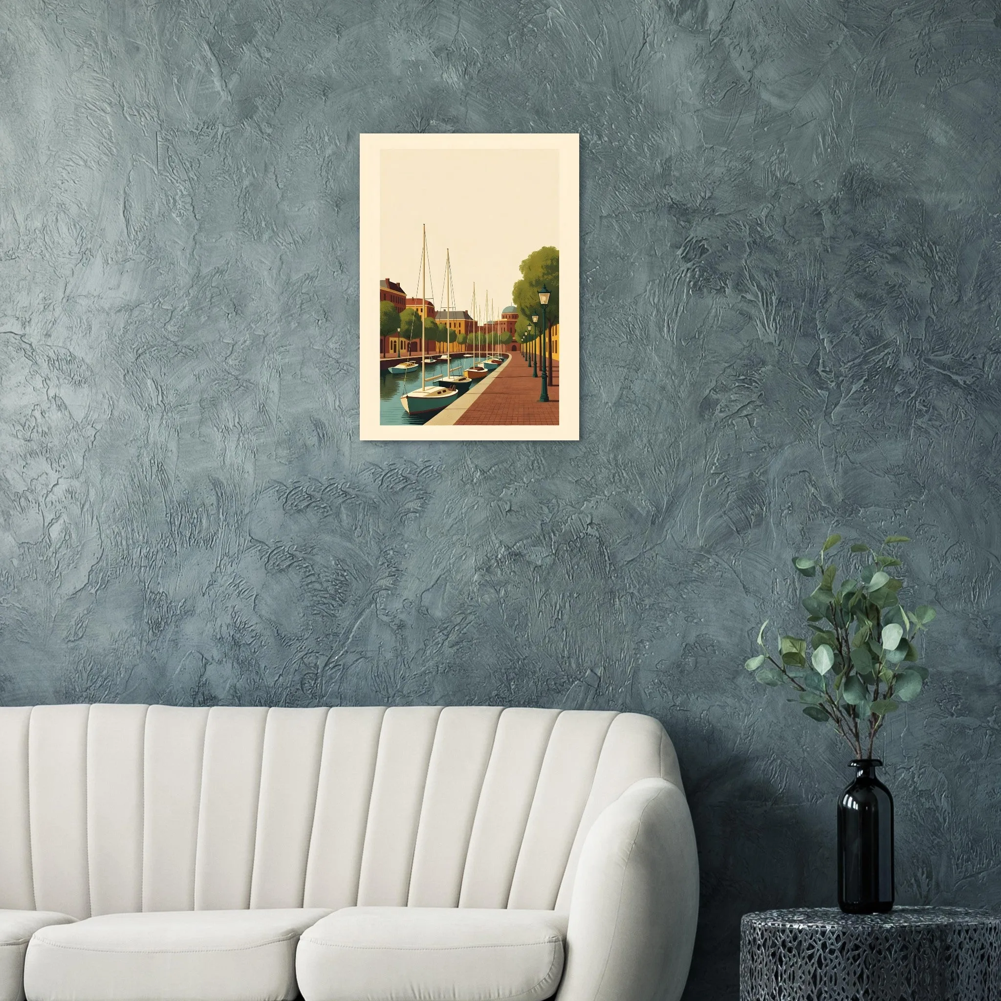 Mid-century modern poster of Vlaardingen — warm minimalist design, from €19