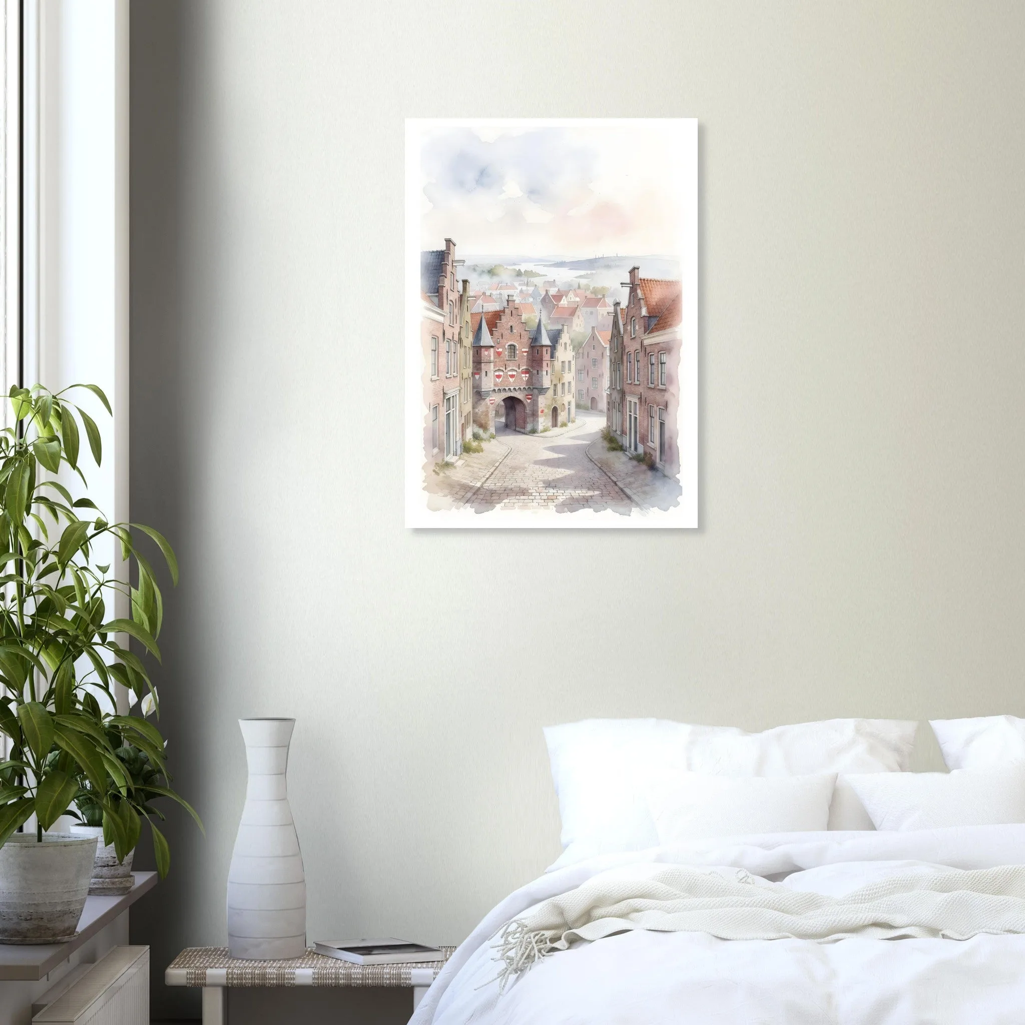 Watercolour landscape poster of Bergen op Zoom — warm minimalist design, from €19