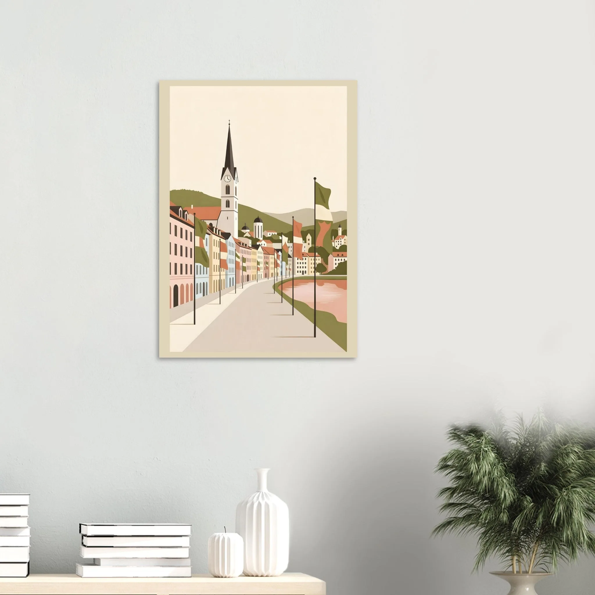 Flat vector illustration poster of Villach — warm minimalist design, from €19