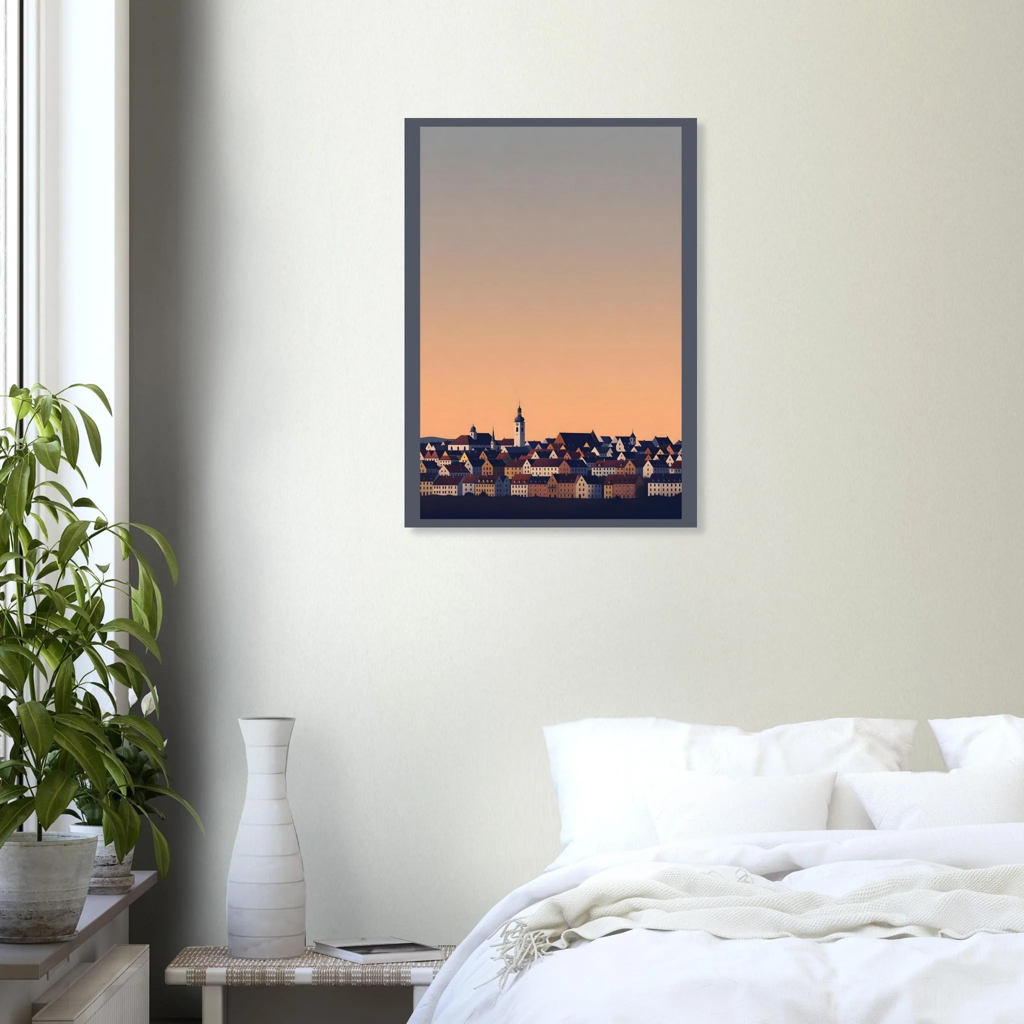 Silhouette skyline poster of Wels — warm minimalist design, from €19
