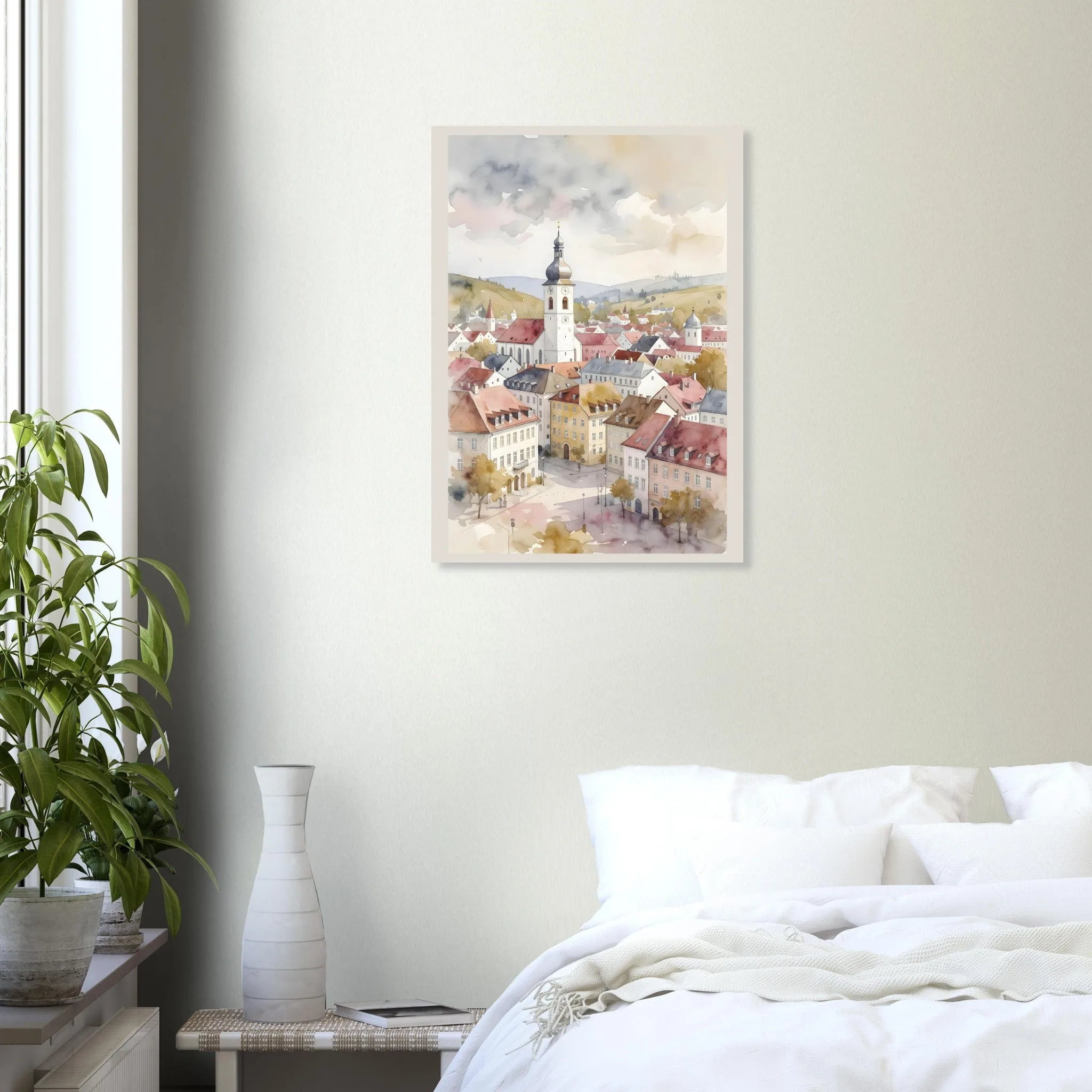 Watercolour landscape poster of Wels — warm minimalist design, from €19