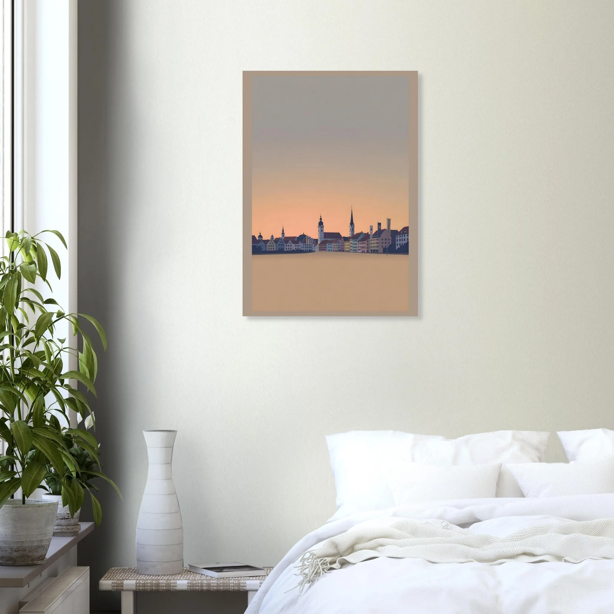Silhouette skyline poster of Villach — warm minimalist design, from €19