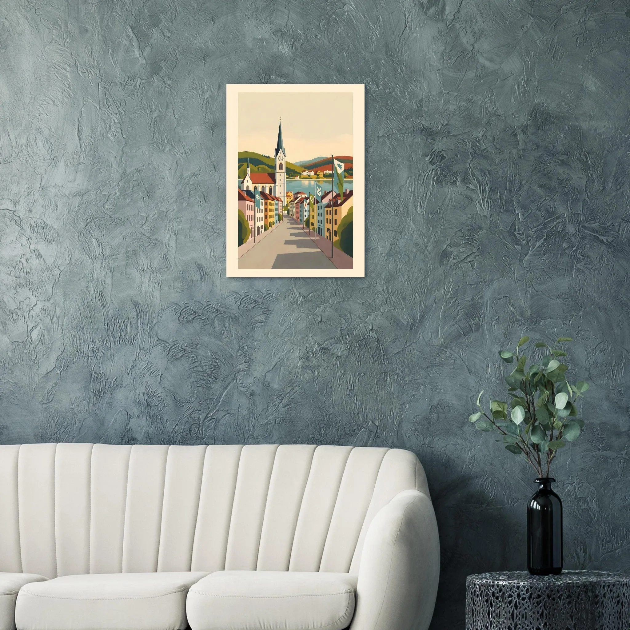 Mid-century modern poster of Villach — warm minimalist design, from €19