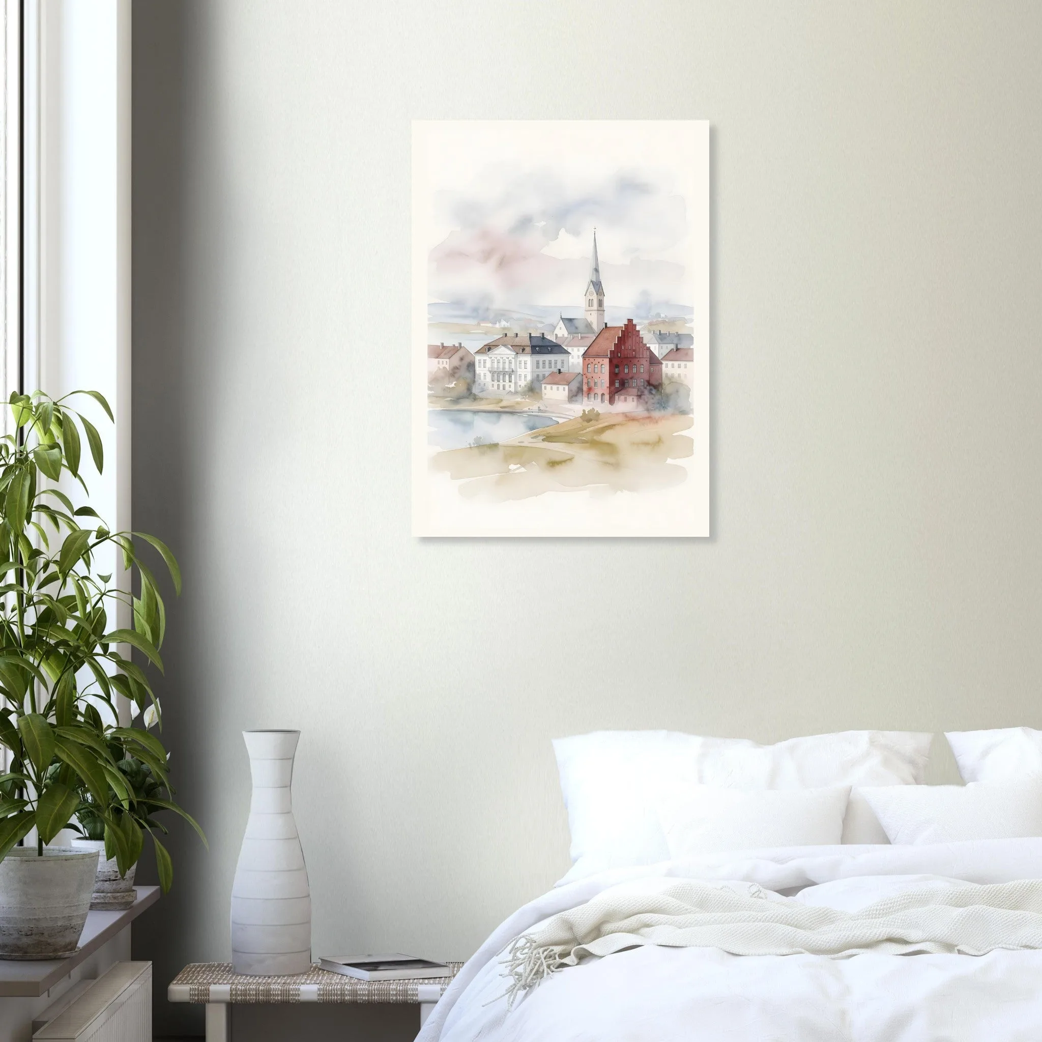 Watercolour landscape poster of Ystad — warm minimalist design, from €19