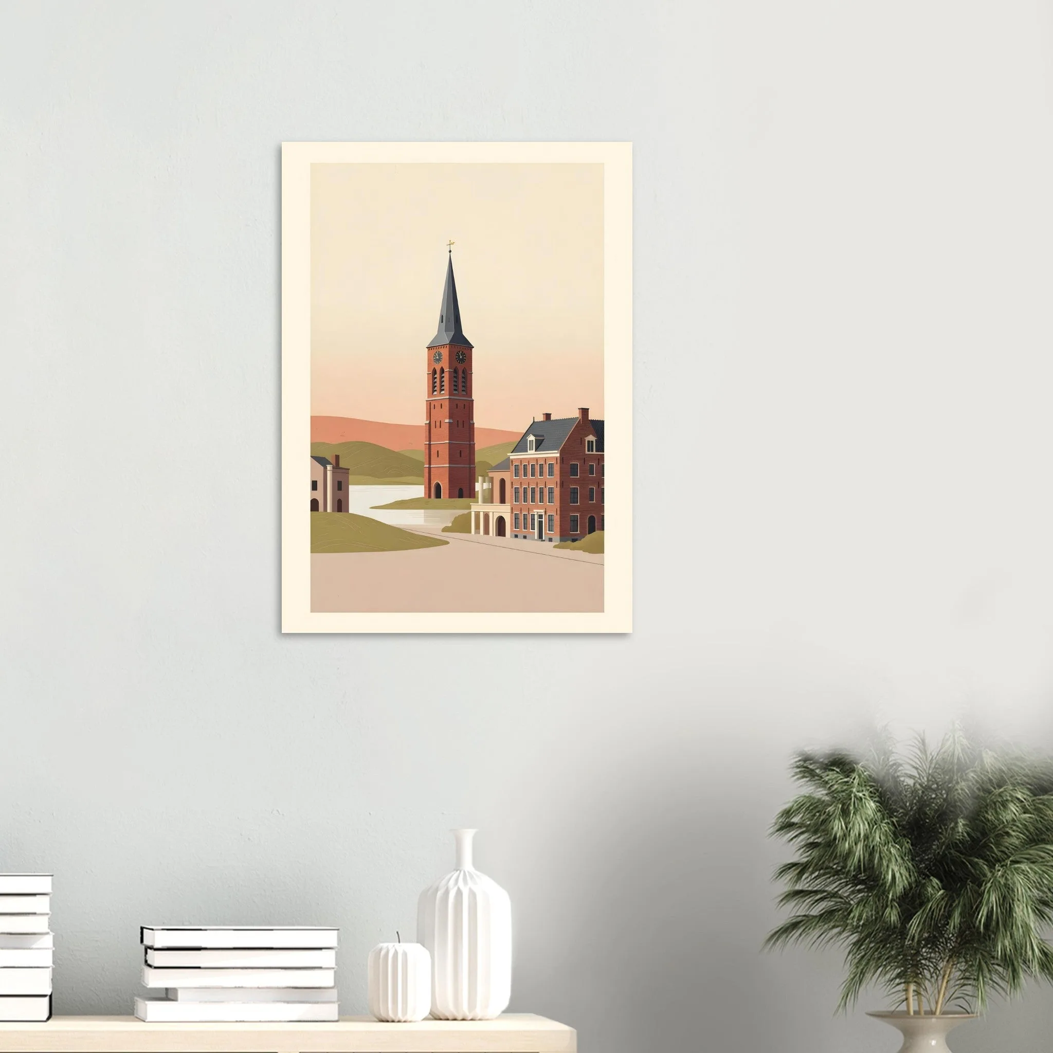 Flat vector illustration poster of Hengelo — warm minimalist design, from €19