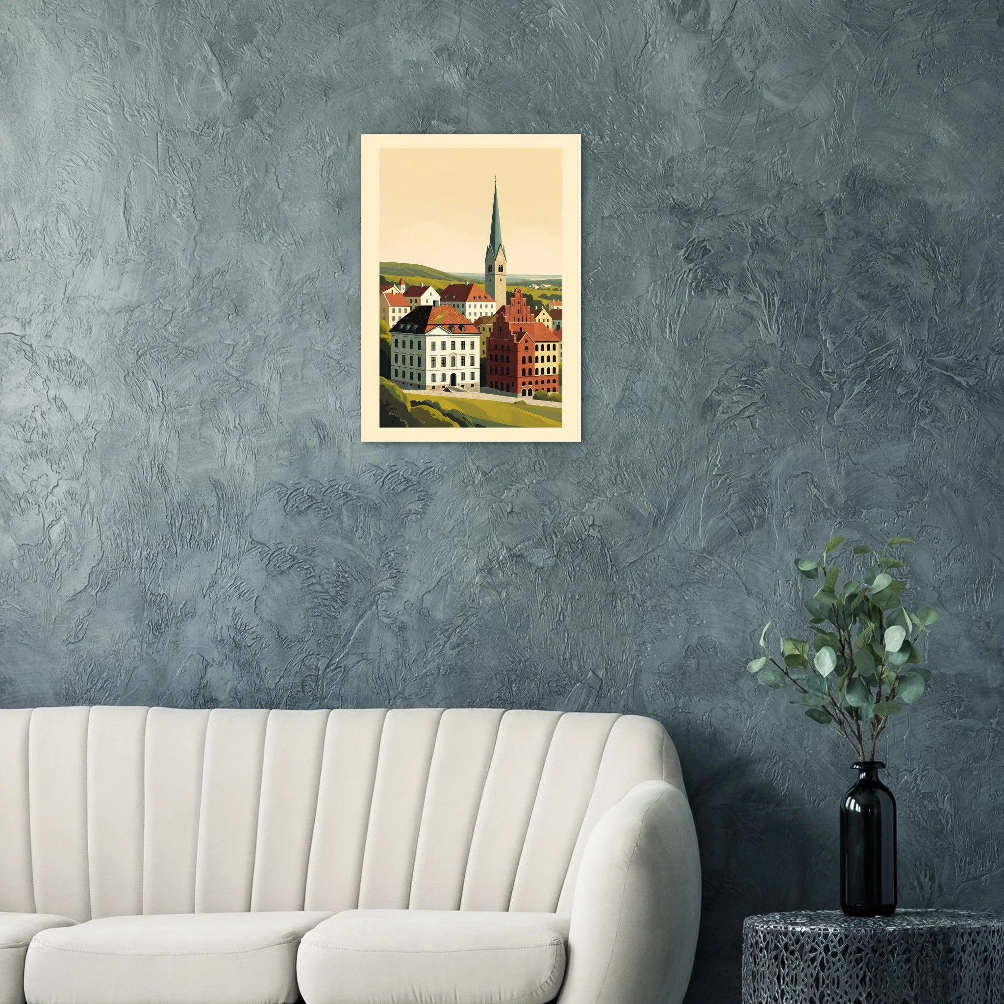 Mid-century modern poster of Ystad — warm minimalist design, from €19