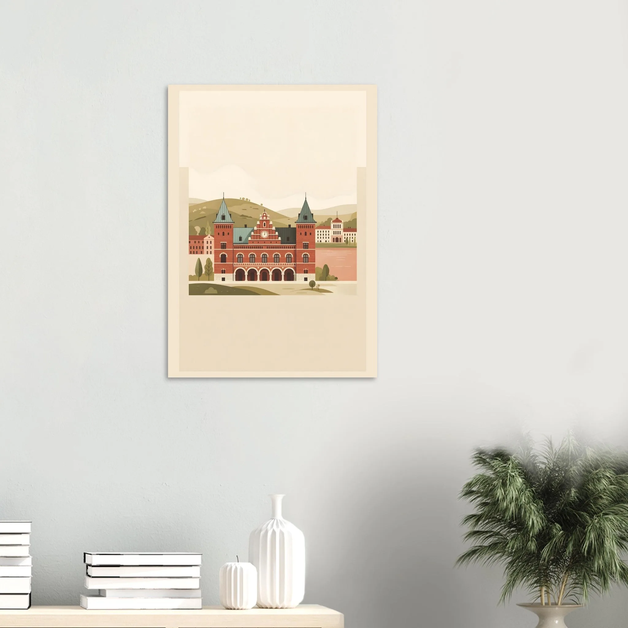 Flat vector illustration poster of Värnamo — warm minimalist design, from €19