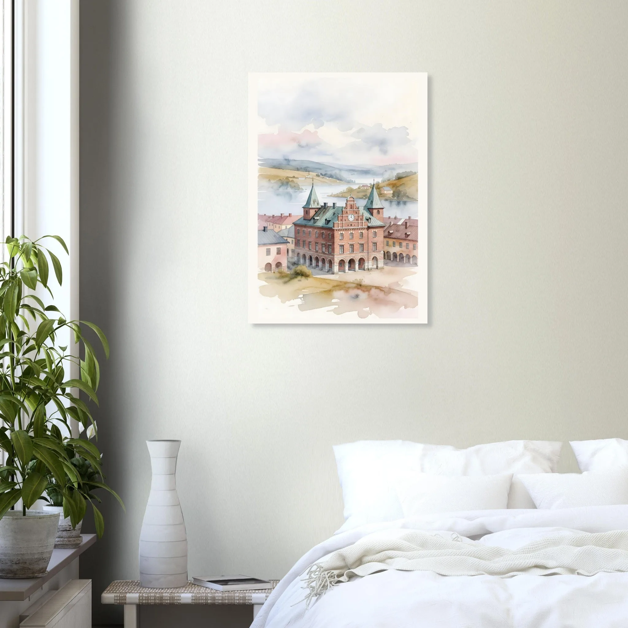 Watercolour landscape poster of Värnamo — warm minimalist design, from €19