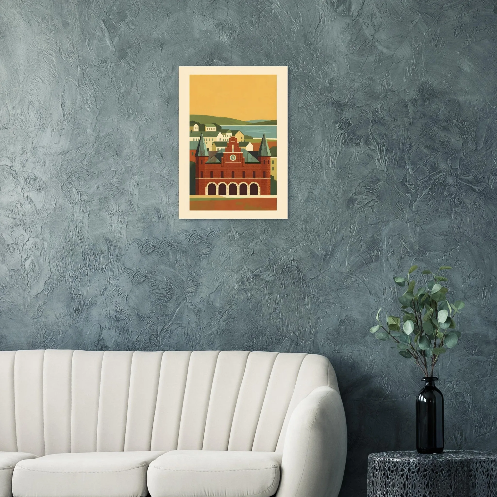Mid-century modern poster of Värnamo — warm minimalist design, from €19