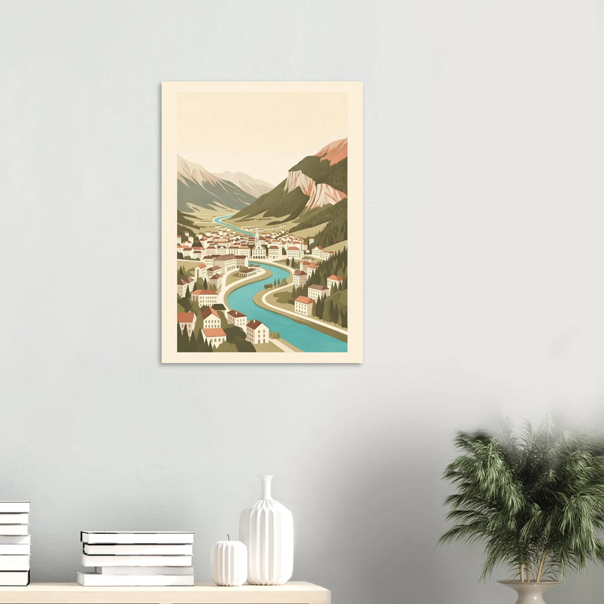 Flat vector illustration poster of Interlaken — warm minimalist design, from €19