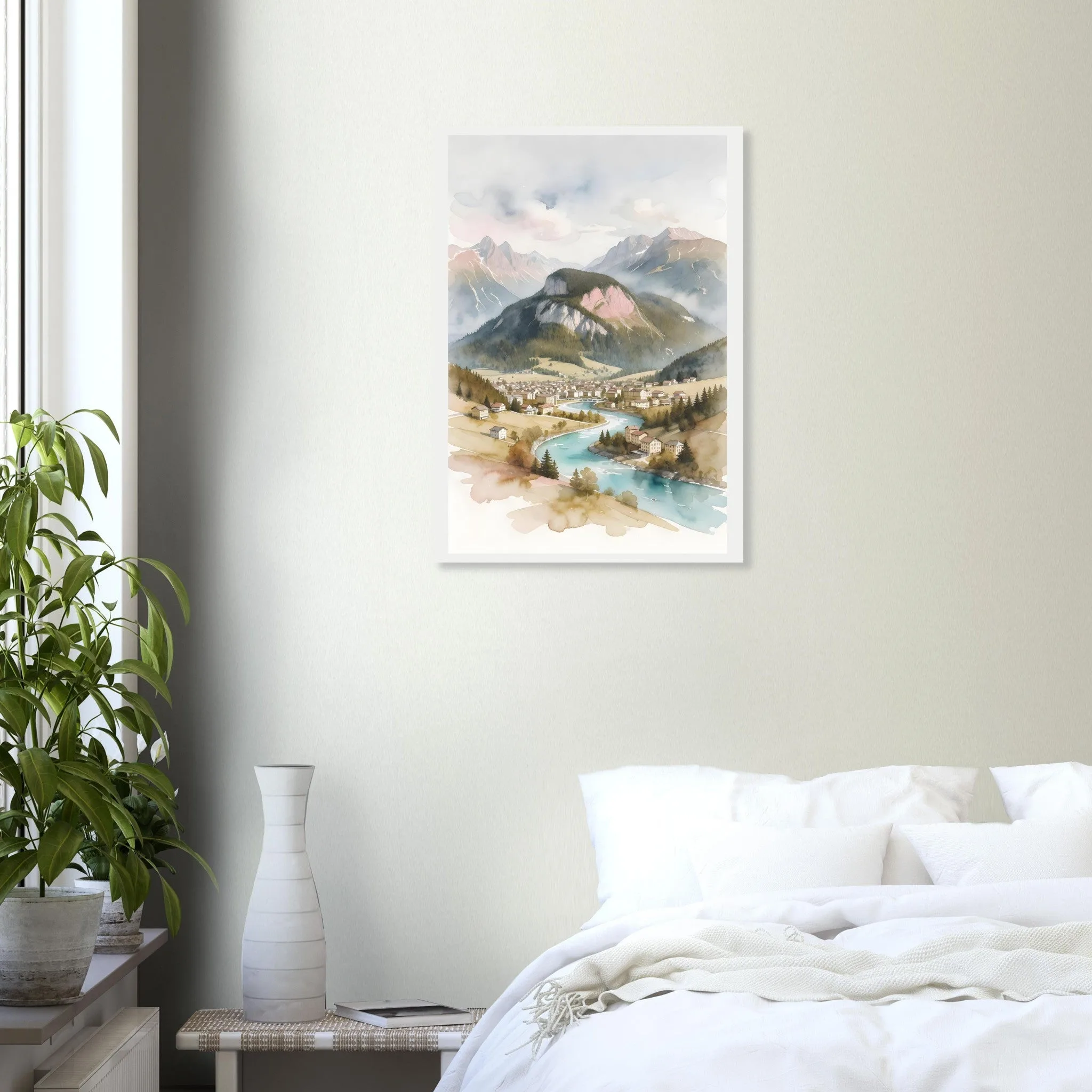 Watercolour landscape poster of Interlaken — warm minimalist design, from €19