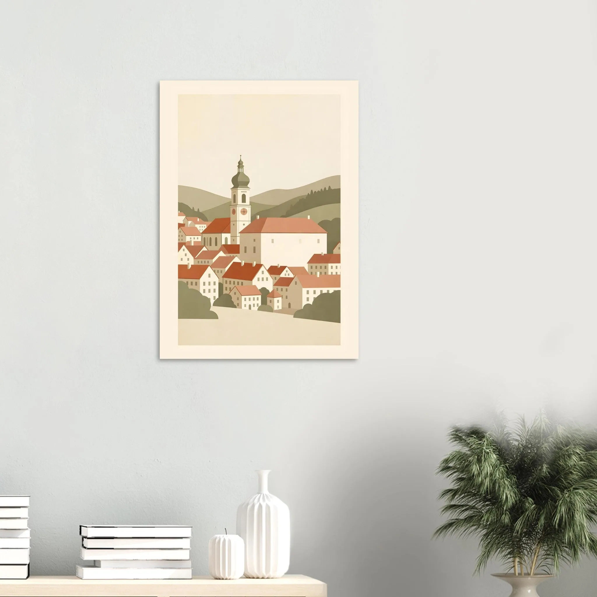 Flat vector illustration poster of Waidhofen an der Ybbs — warm minimalist design, from €19