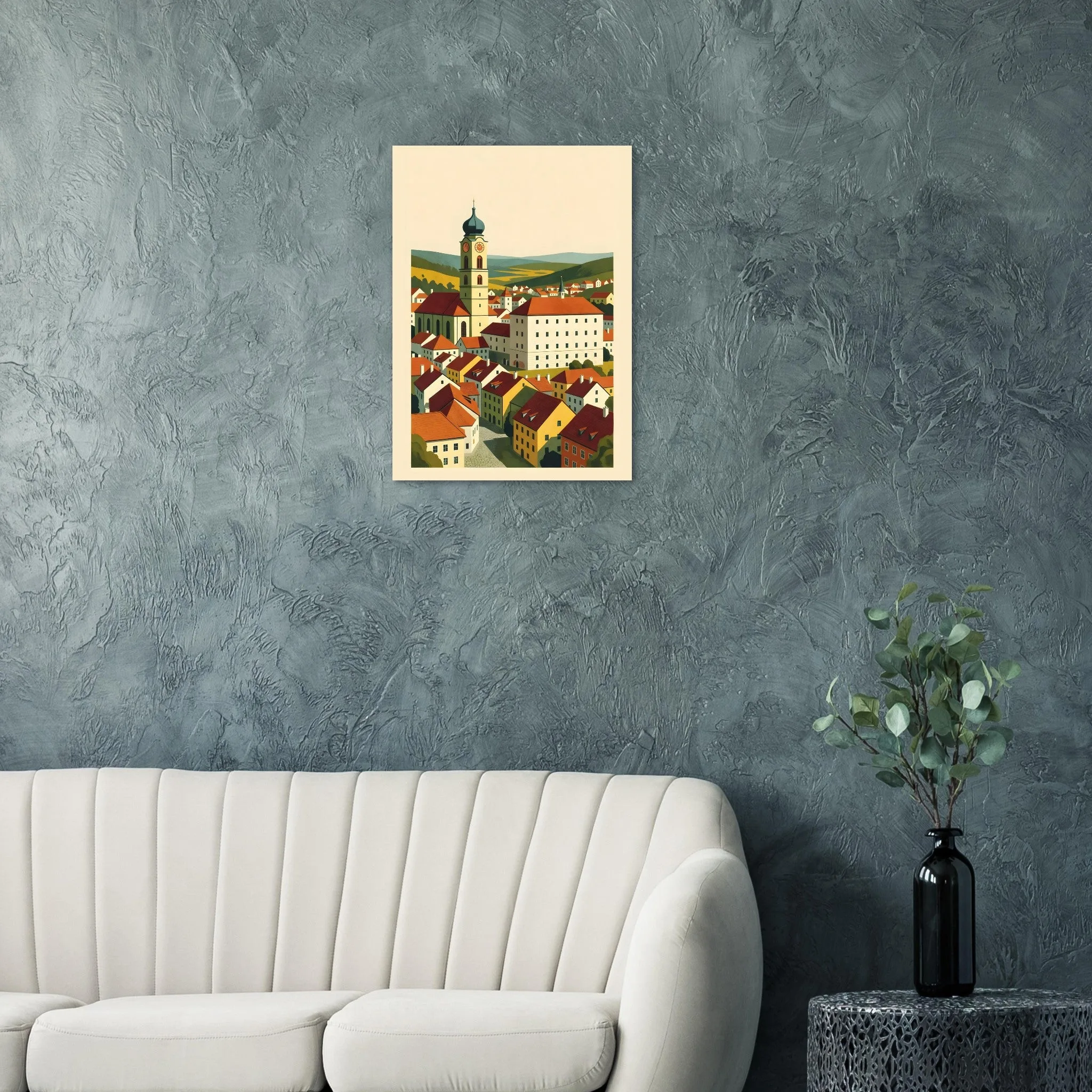 Mid-century modern poster of Waidhofen an der Ybbs — warm minimalist design, from €19