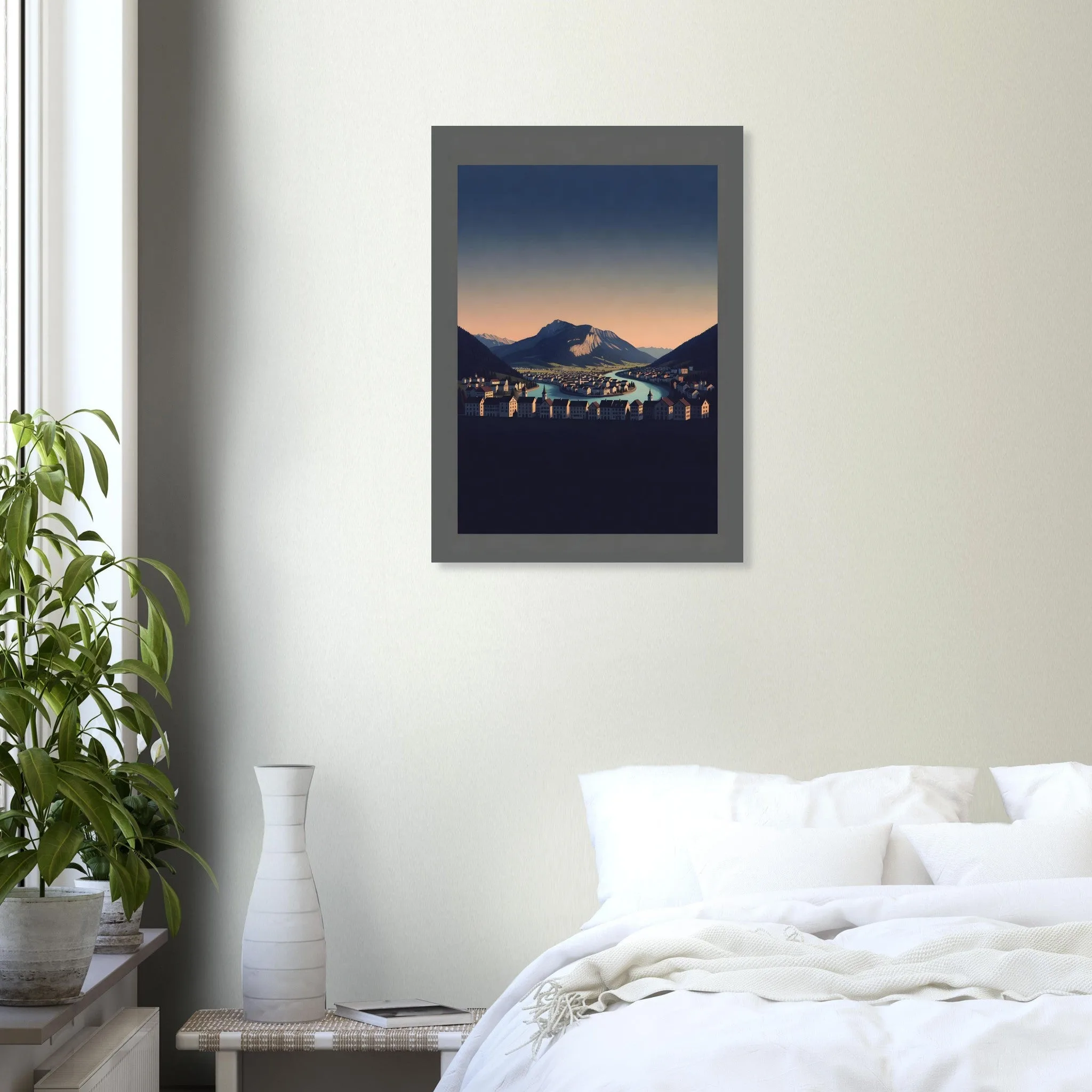 Silhouette skyline poster of Interlaken — warm minimalist design, from €19