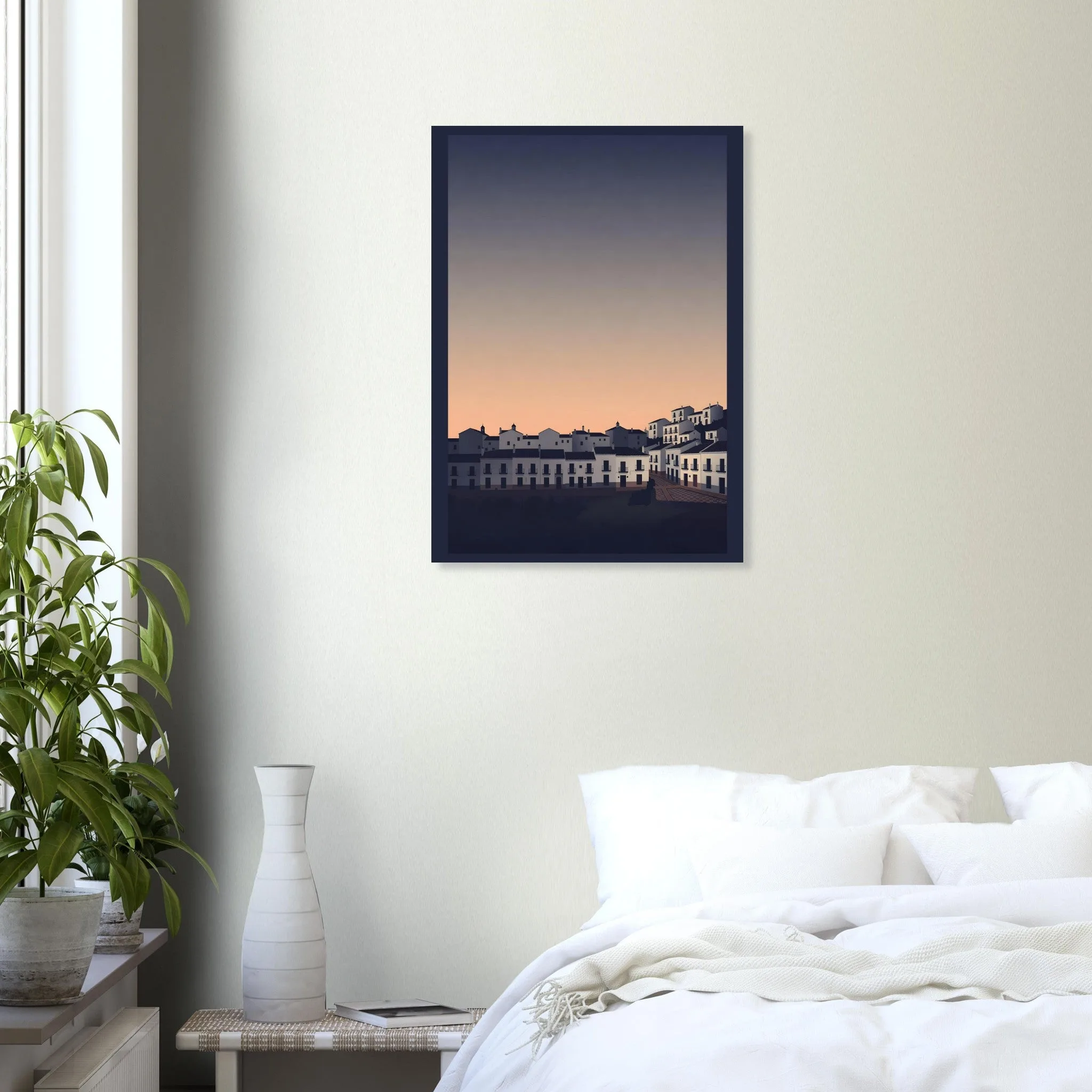Silhouette skyline-Poster von Mijas — warmes minimalistisches Motiv, ab 19 €