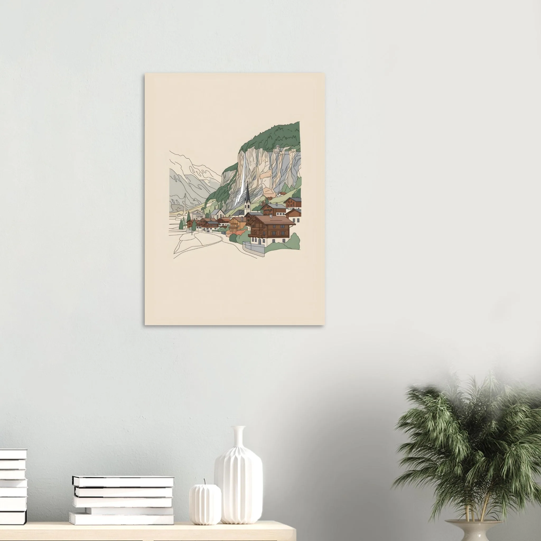 Minimalist line art poster of Lauterbrunnen — warm minimalist design, from €19
