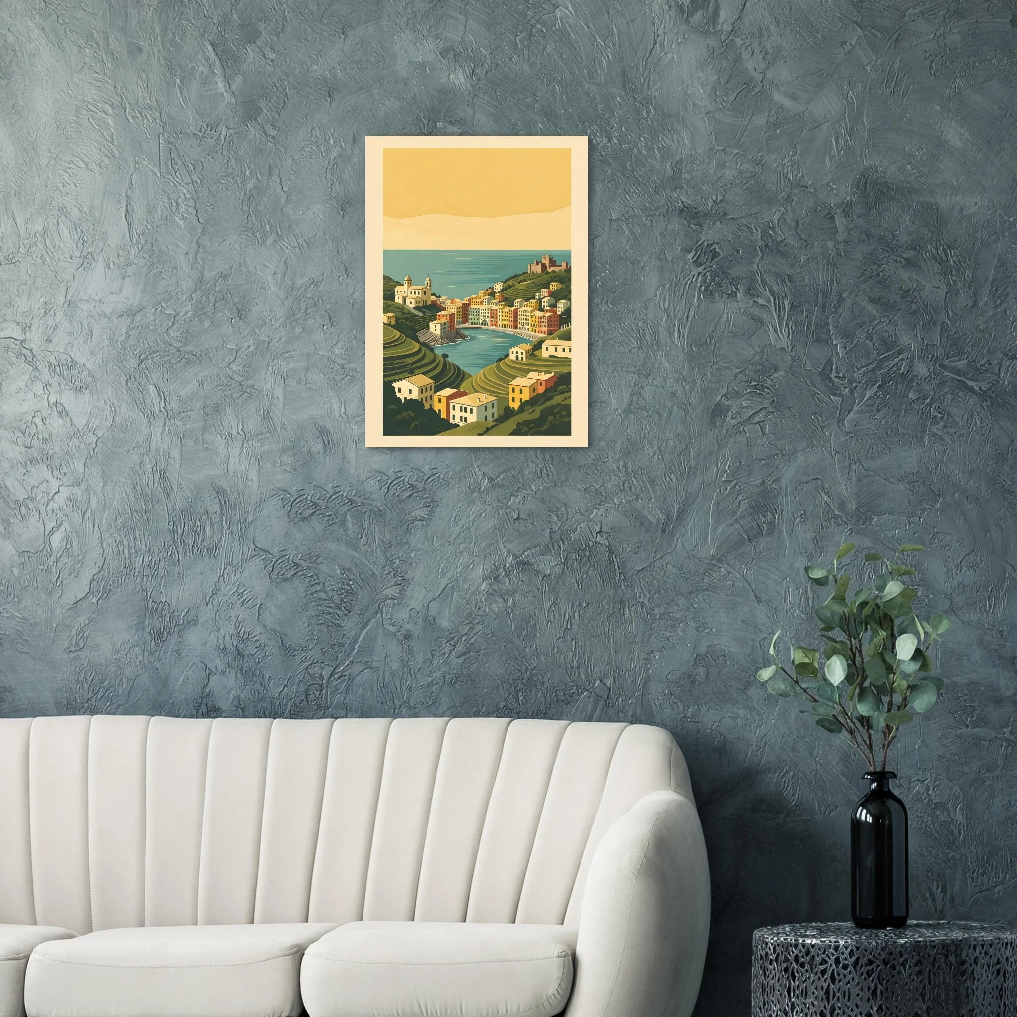 Mid-century modern poster of Portofino — warm minimalist design, from €19