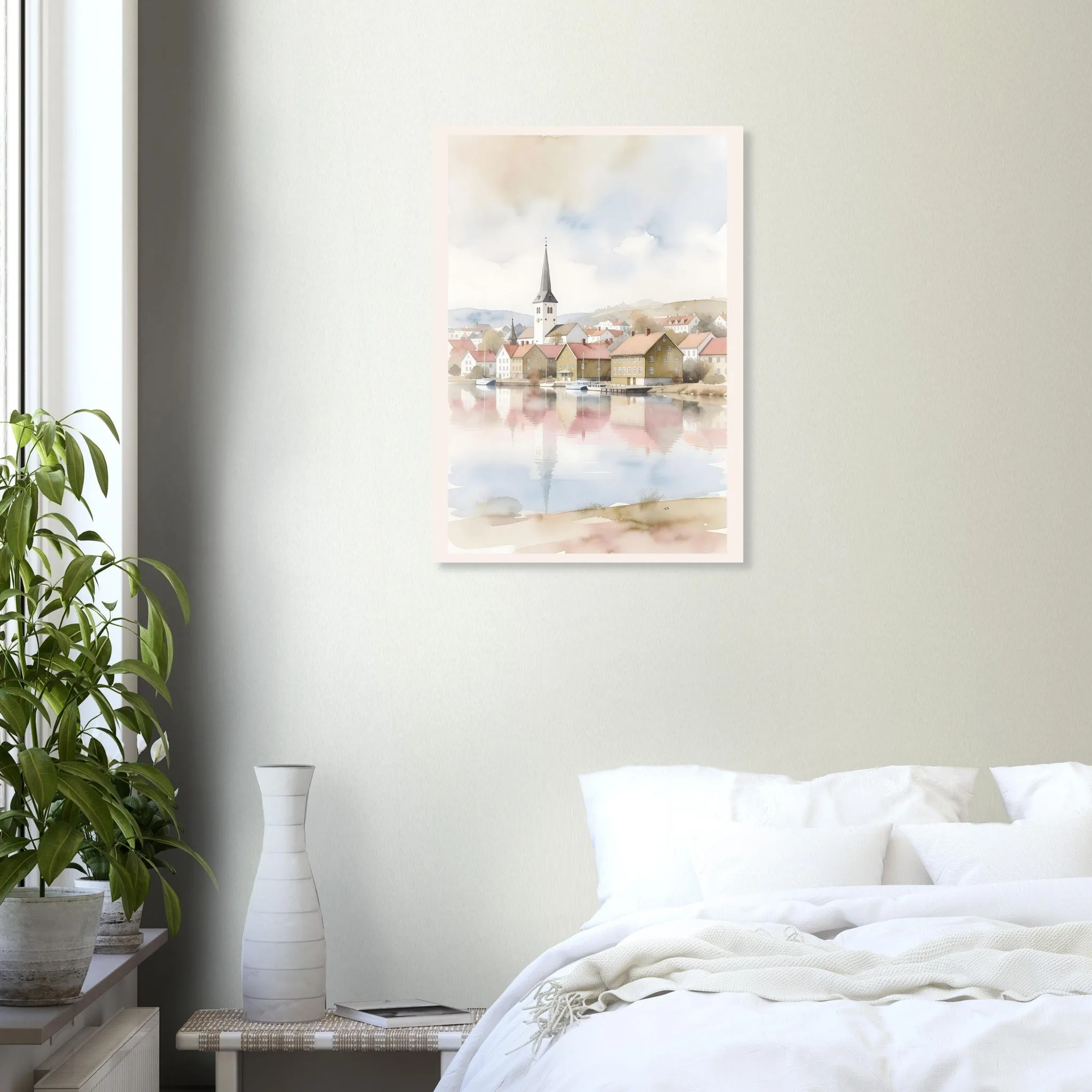 Watercolour landscape poster of Mariefred — warm minimalist design, from €19