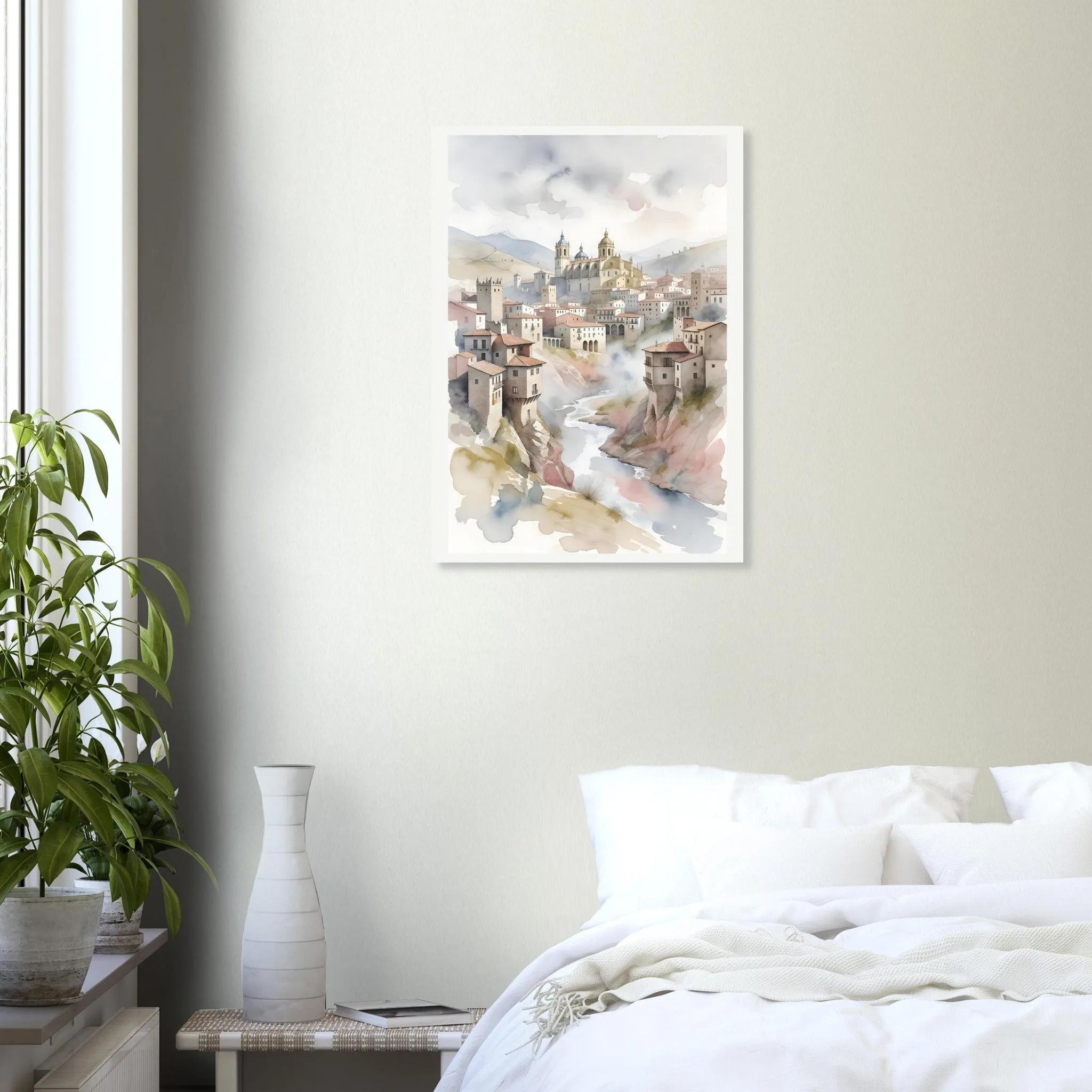 Watercolour landscape poster of Cuenca — warm minimalist design, from €19