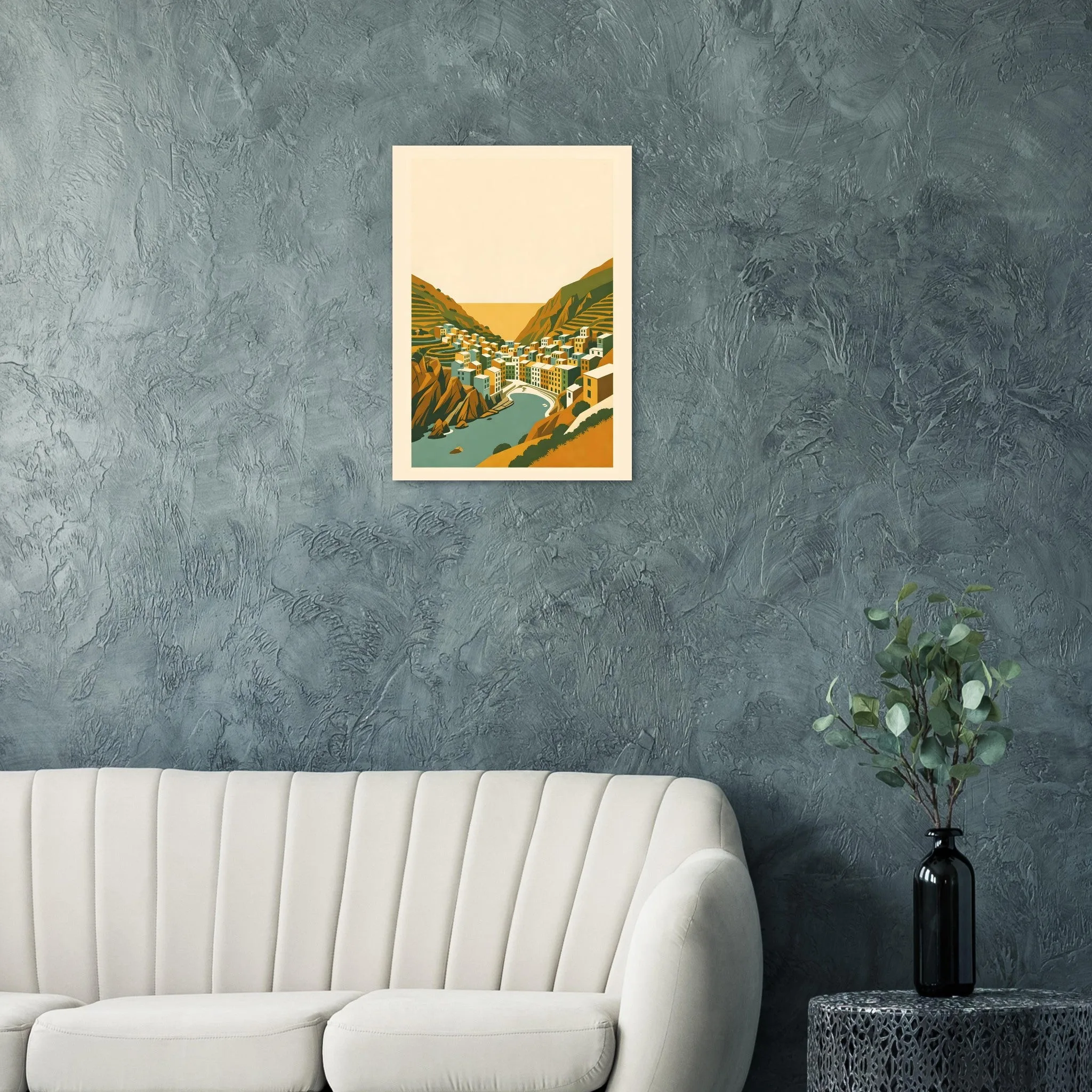 Mid-century modern poster of Riomaggiore — warm minimalist design, from €19