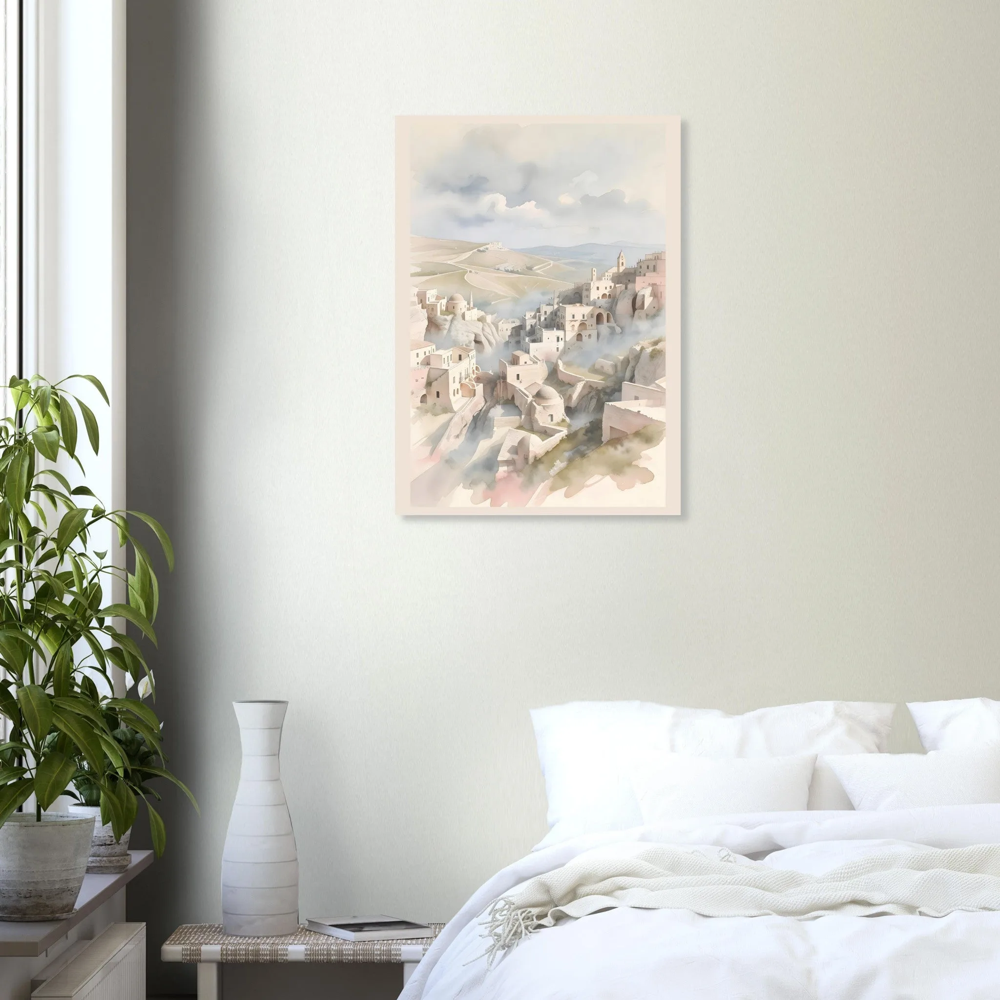 Watercolour landscape poster of Matera — warm minimalist design, from €19