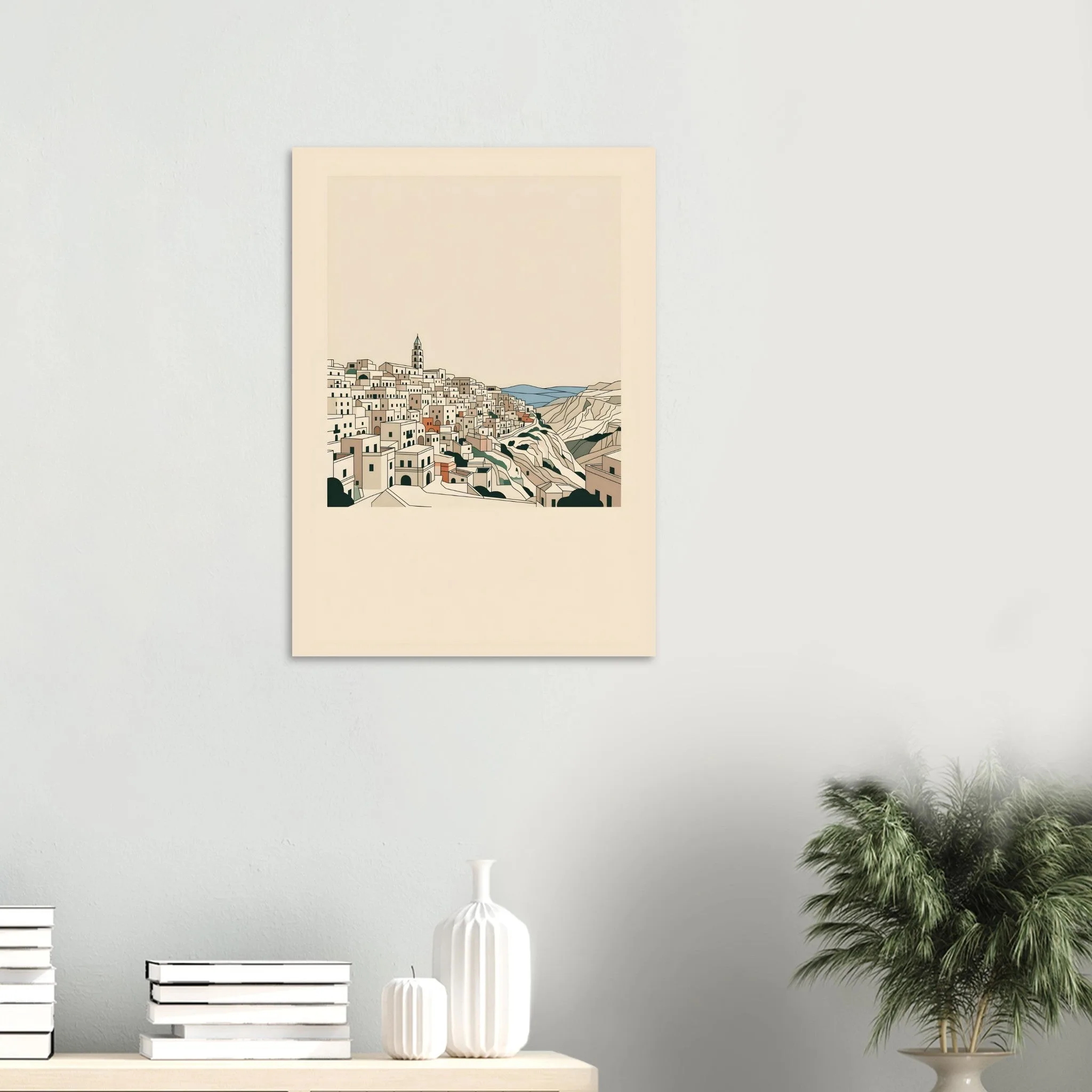Minimalist line art poster of Matera — warm minimalist design, from €19