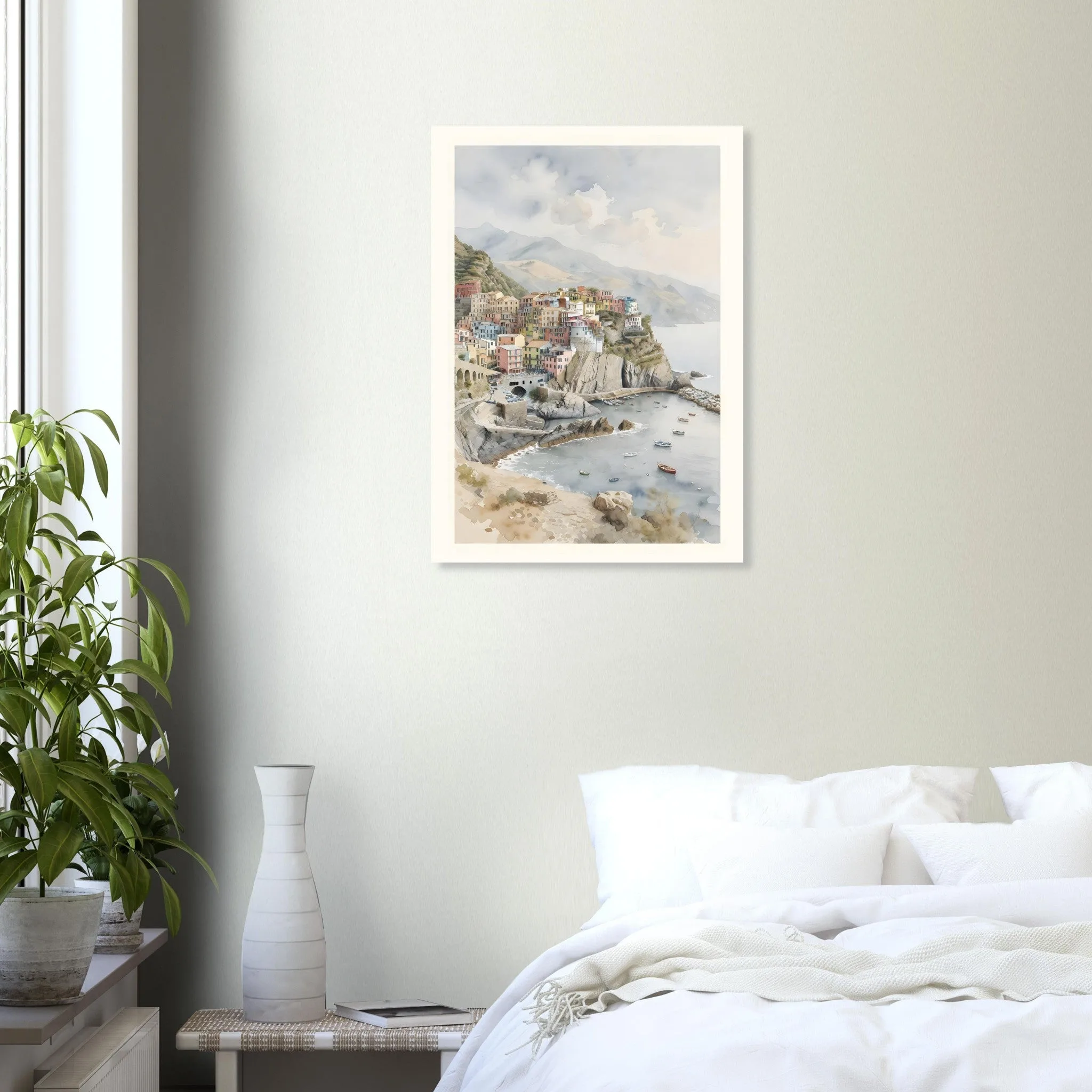 Watercolour landscape poster of Riomaggiore — warm minimalist design, from €19