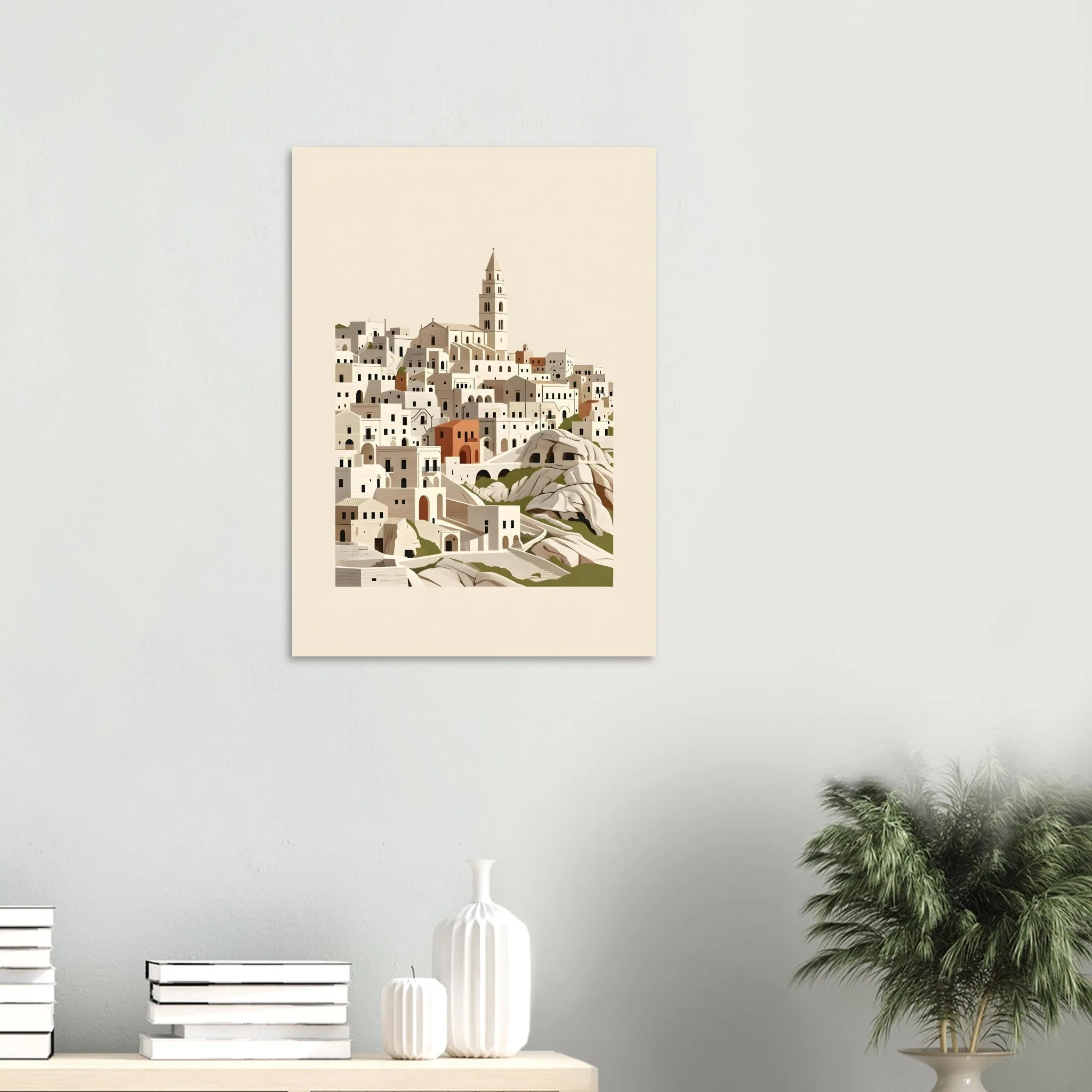Flat vector illustration poster of Matera — warm minimalist design, from €19