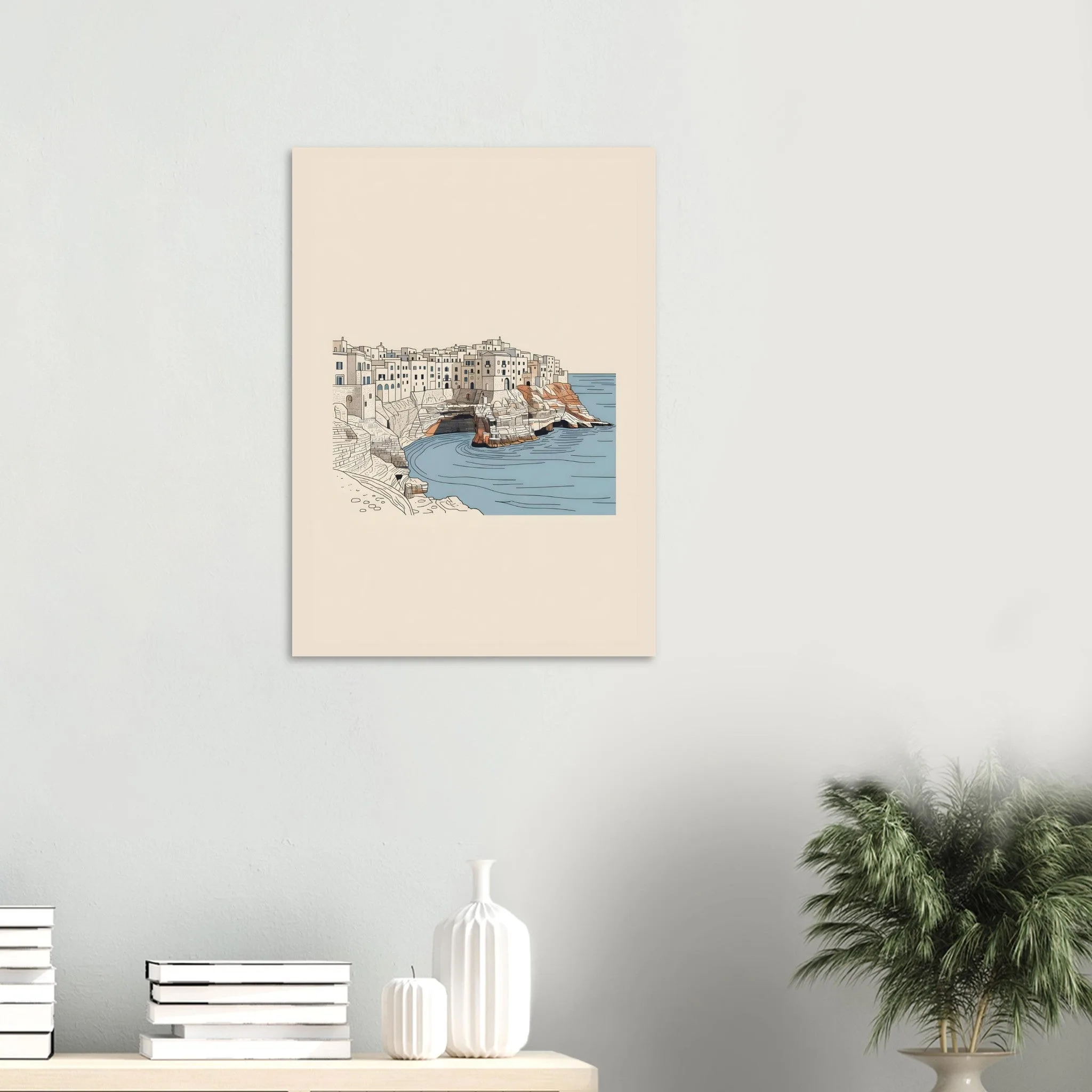 Minimalist line art poster of Polignano a Mare — warm minimalist design, from €19
