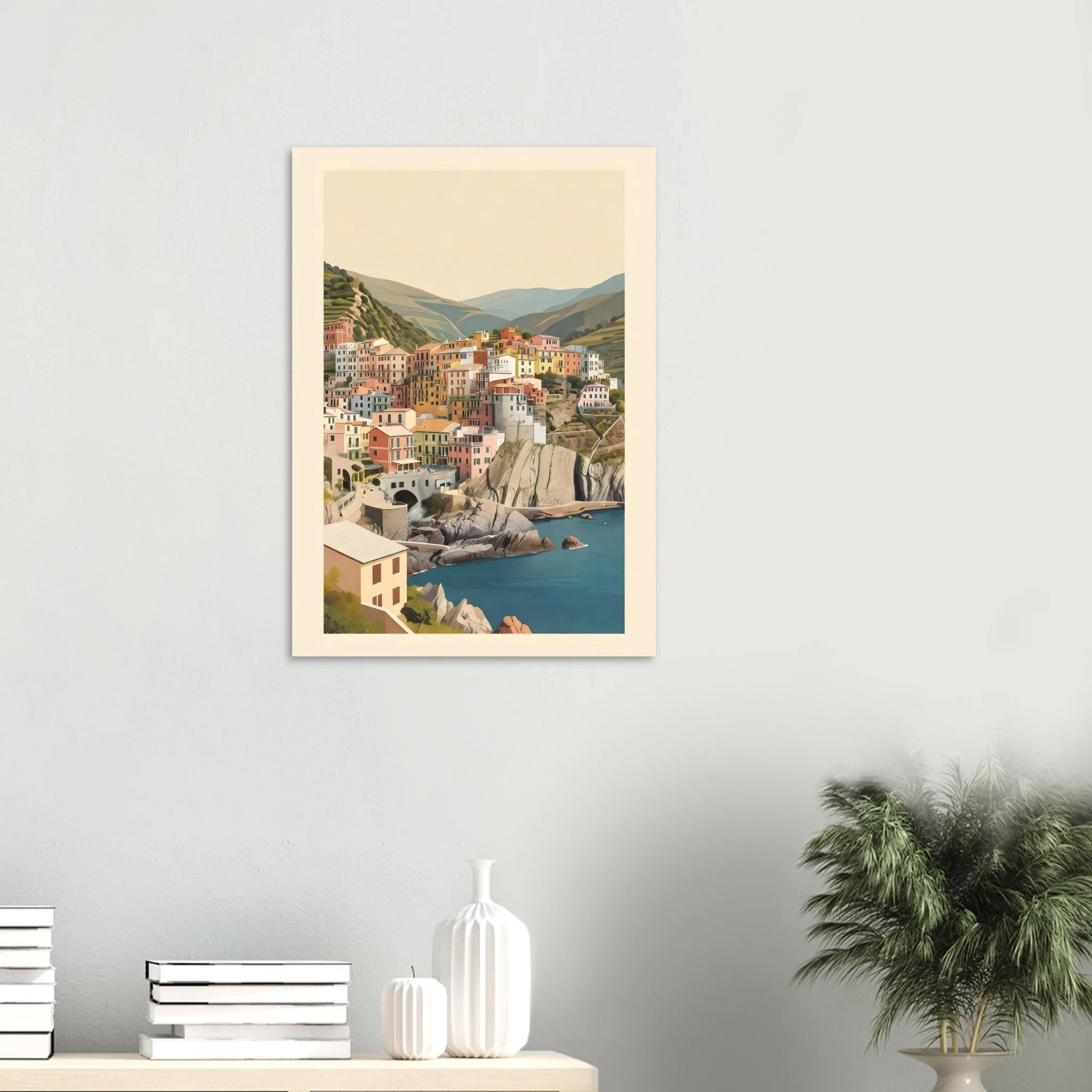 Flat vector illustration poster of Riomaggiore — warm minimalist design, from €19