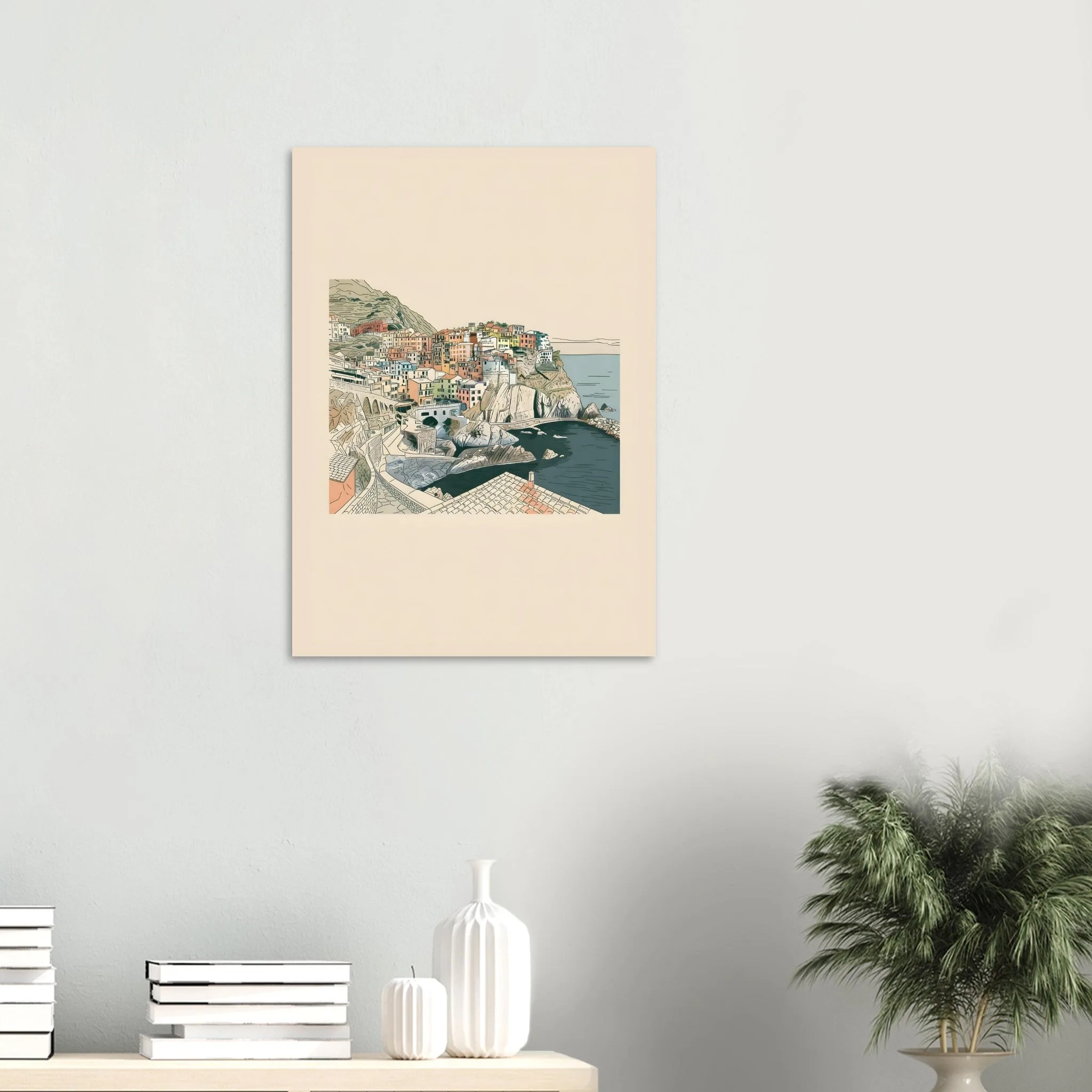 Minimalist line art poster of Riomaggiore — warm minimalist design, from €19