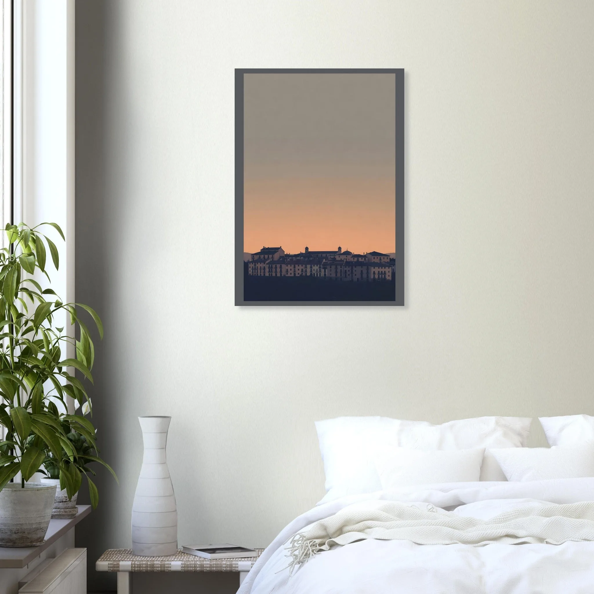Silhouette skyline poster of Cuenca — warm minimalist design, from €19