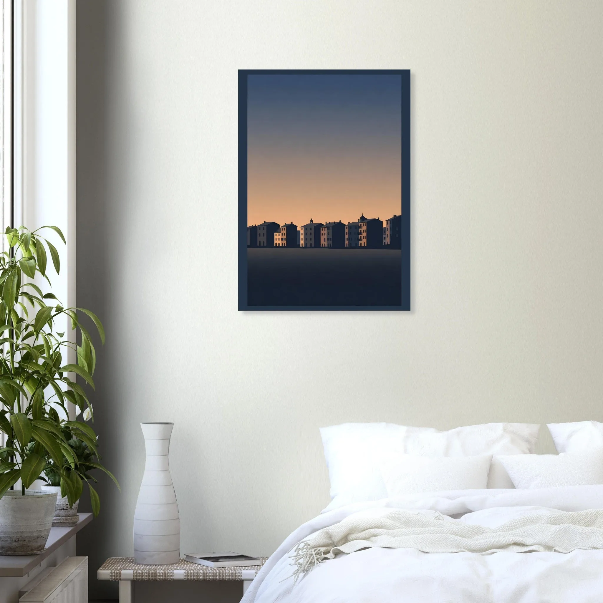 Silhouette skyline poster of Riomaggiore — warm minimalist design, from €19