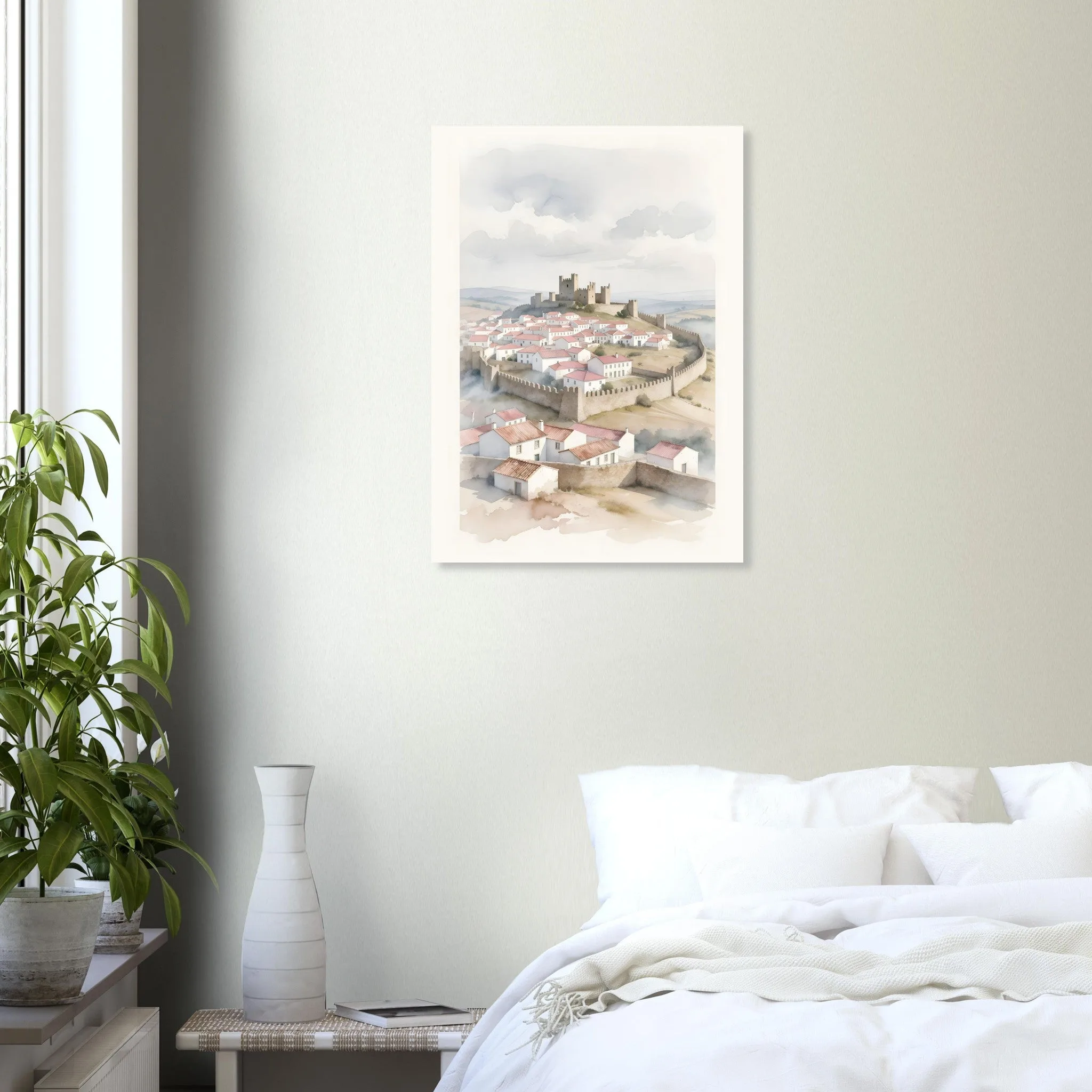 Watercolour landscape poster of Óbidos — warm minimalist design, from €19
